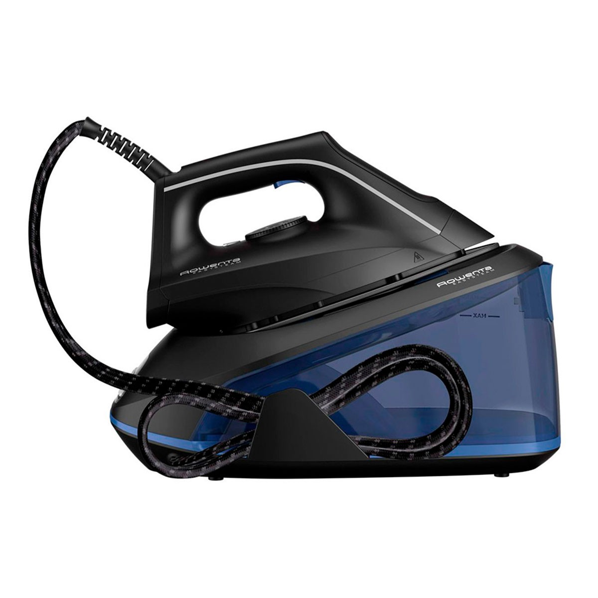 Plancha de vapor negra con depósito de agua azul y mango negro sobre base negra.