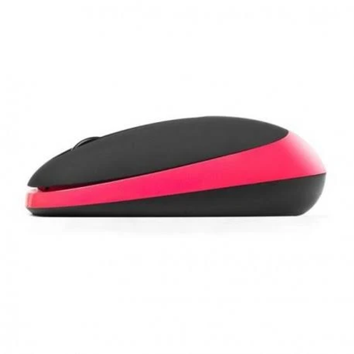 Un ratón inalámbrico negro y rojo. Tiene un diseño elegante y curvo.