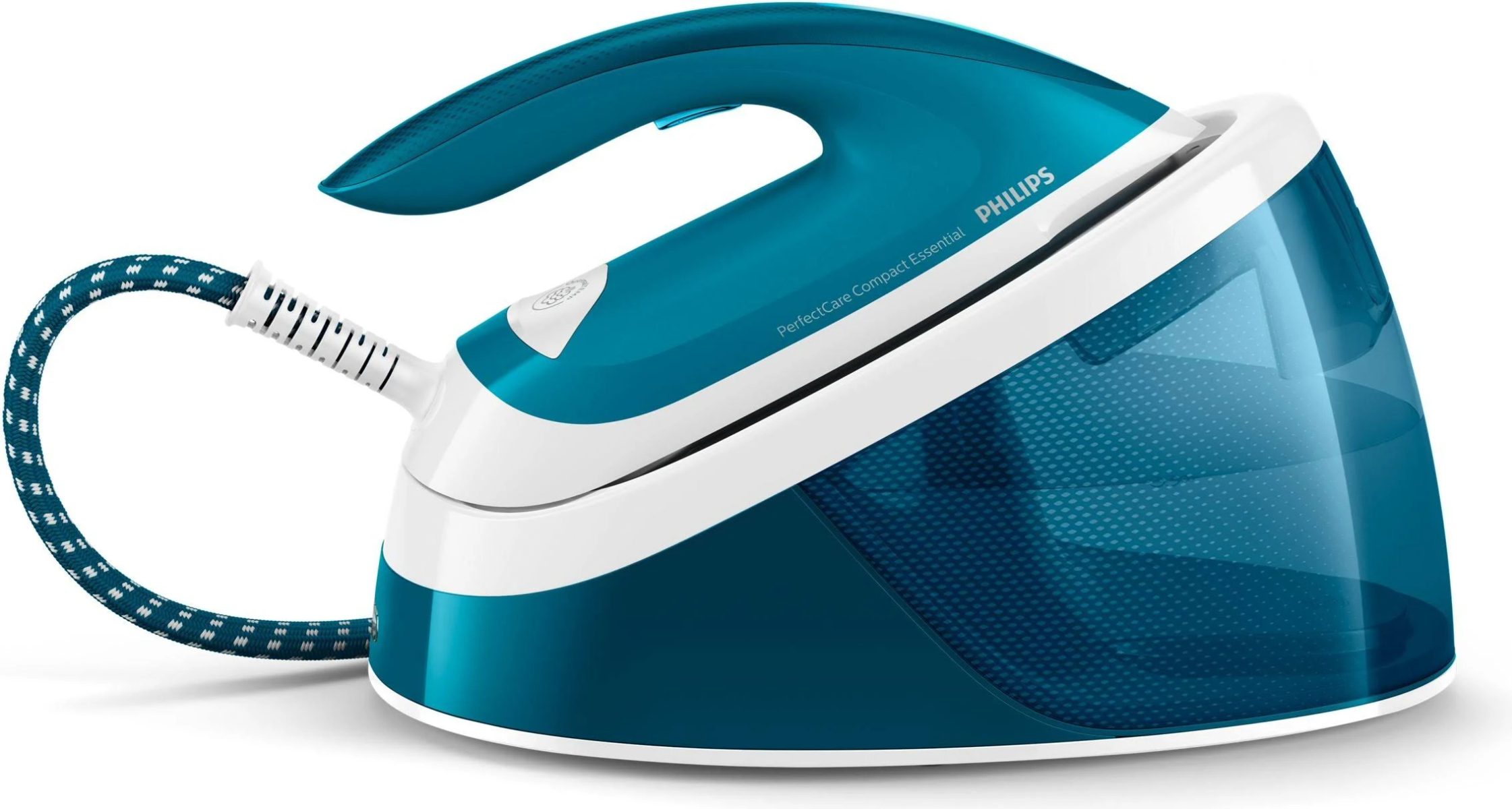 Turkusowe żelazko, białe akcenty, niebieski uchwyt, para, białe tło, Philips PerfectCare Compact Essential.