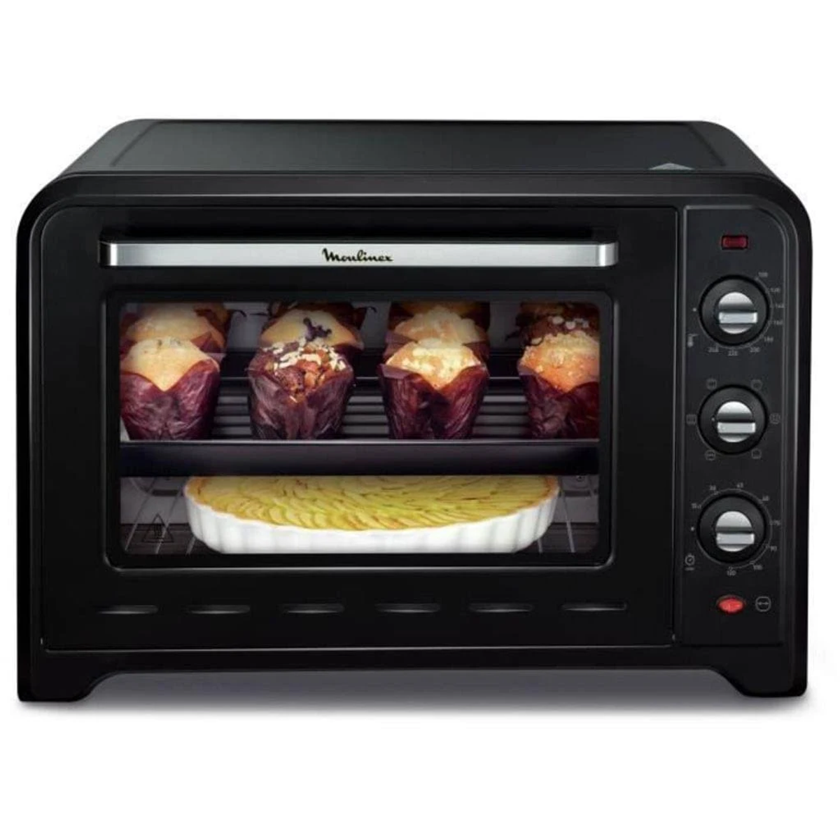 Forno Moulinex nero con muffin e un gratin all'interno, visto attraverso la porta a vetro.