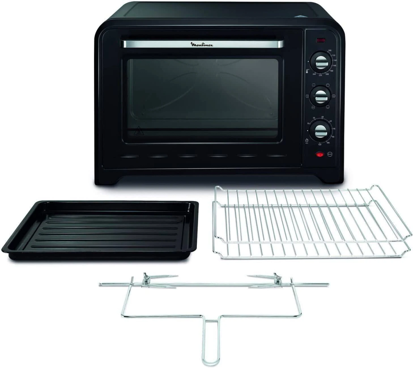 Forno nero con accessori: vassoio, griglia e girarrosto. Su sfondo bianco.