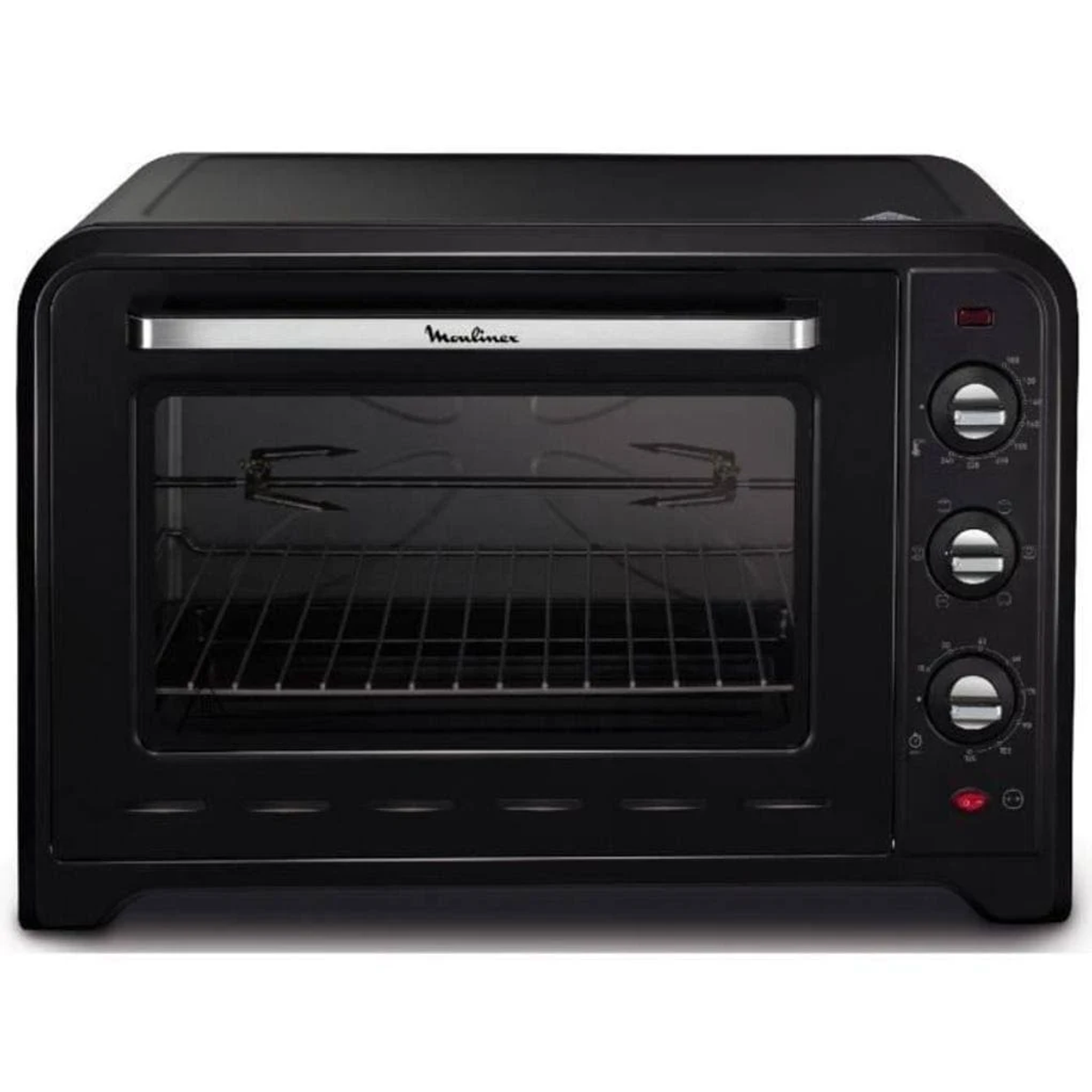 Forno Moulinex nero con porta a vetro, comandi laterali, su sfondo bianco.
