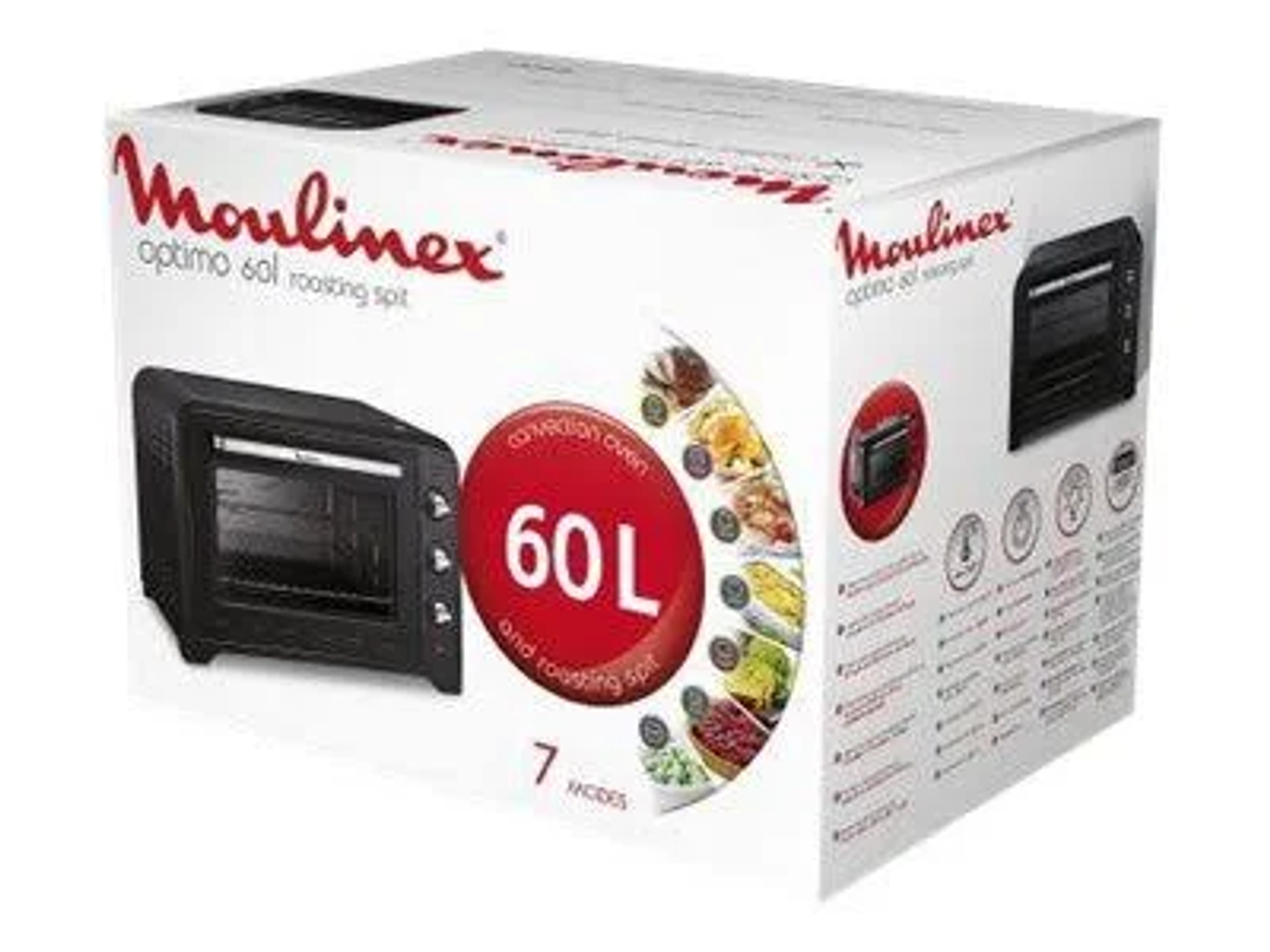 Scatola del forno Moulinex. Forno nero a sinistra. Cerchio rosso con 60L e immagini di cibo.
