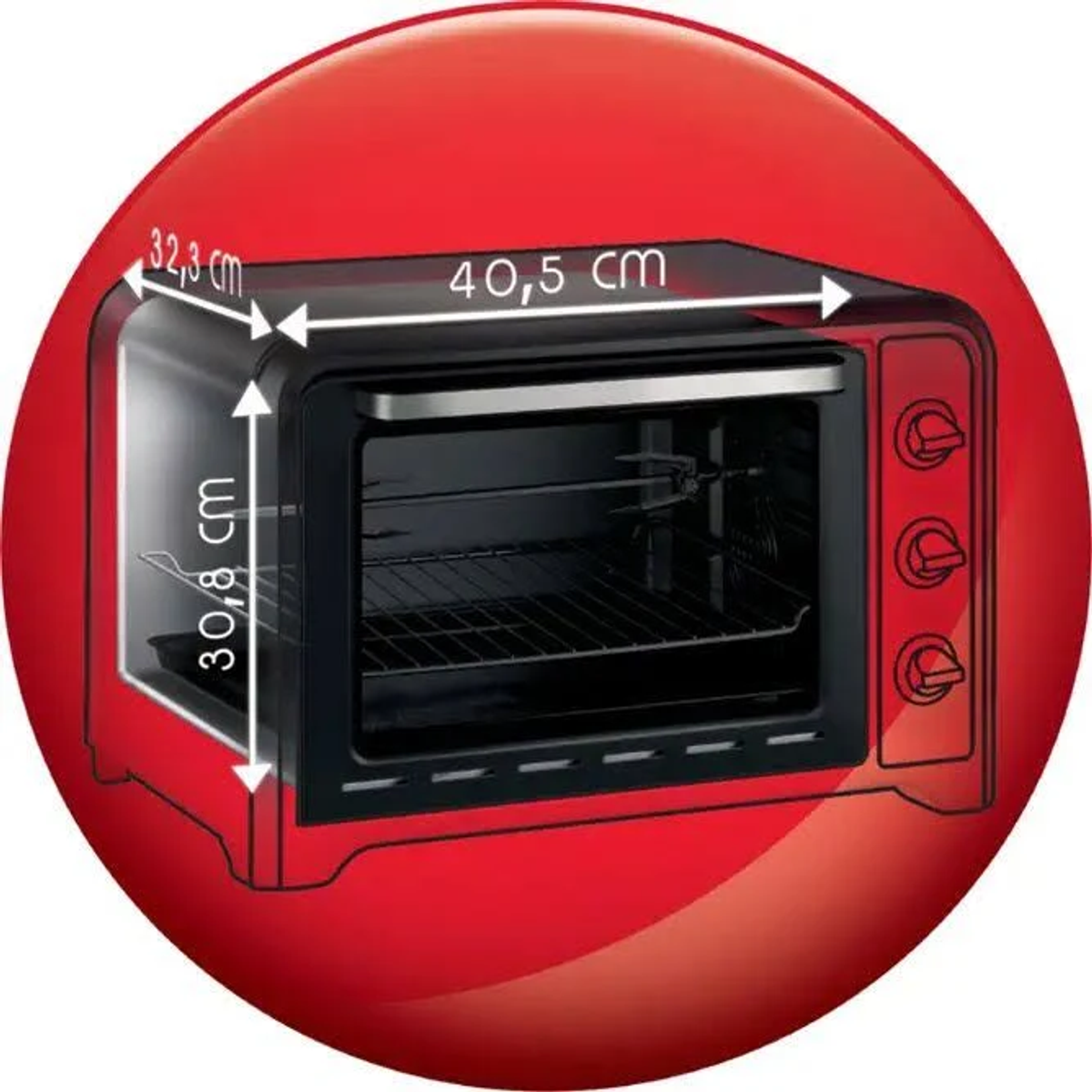 Un forno tostapane rosso con porta nera e dimensioni su sfondo rosso.