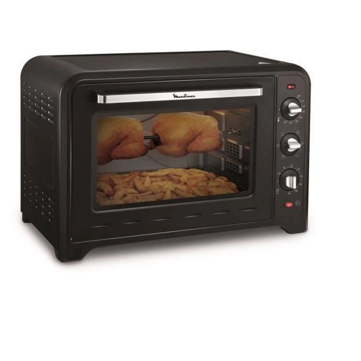 Forno nero con due polli cotti e patatine fritte all'interno. Ha una porta a vetri e comandi.