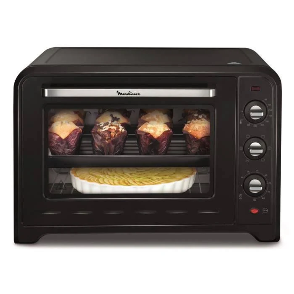 Un forno Moulinex nero con muffin e una torta all'interno. I comandi sul lato destro sono visibili.