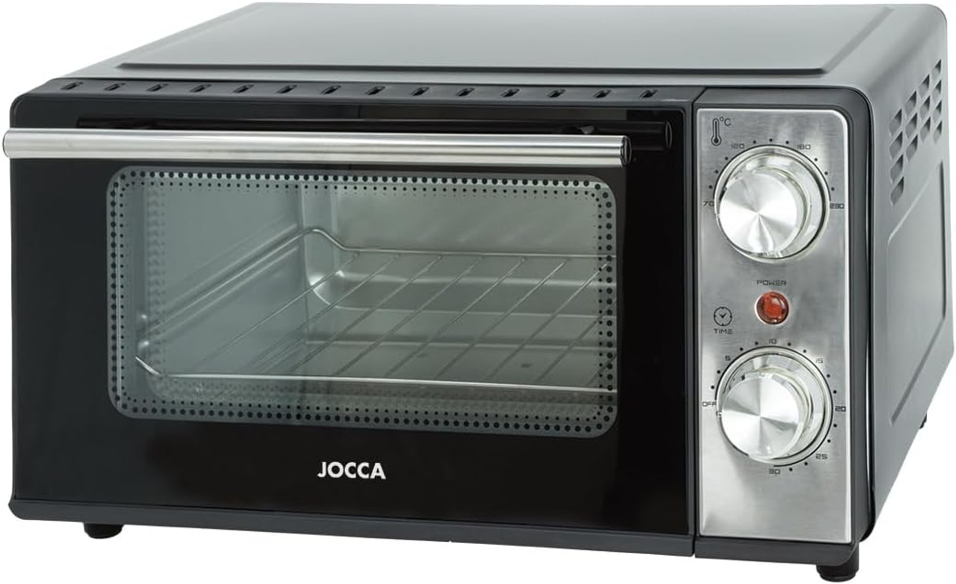 Forno JOCCA nero e argento con manopole e porta in vetro, su sfondo bianco.