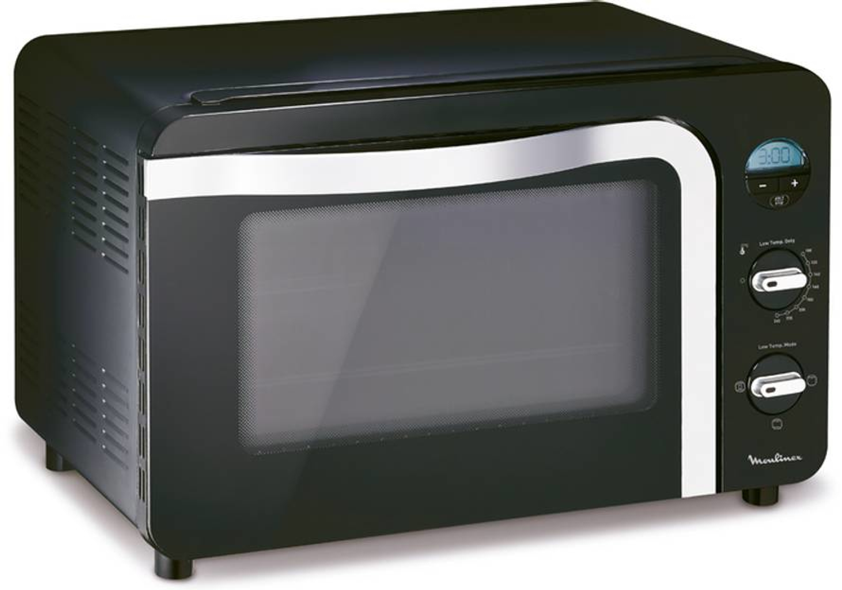 Un forno a microonde Moulinex nero in stile retrò con display digitale e manopole di controllo.
