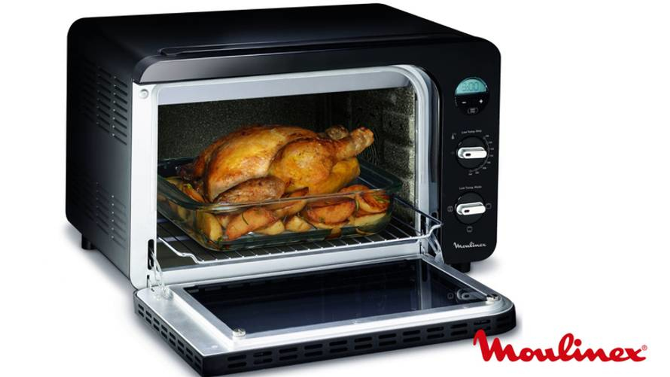 Forno Moulinex nero con pollo arrosto e patate. Porta aperta. Logo Moulinex rosso.