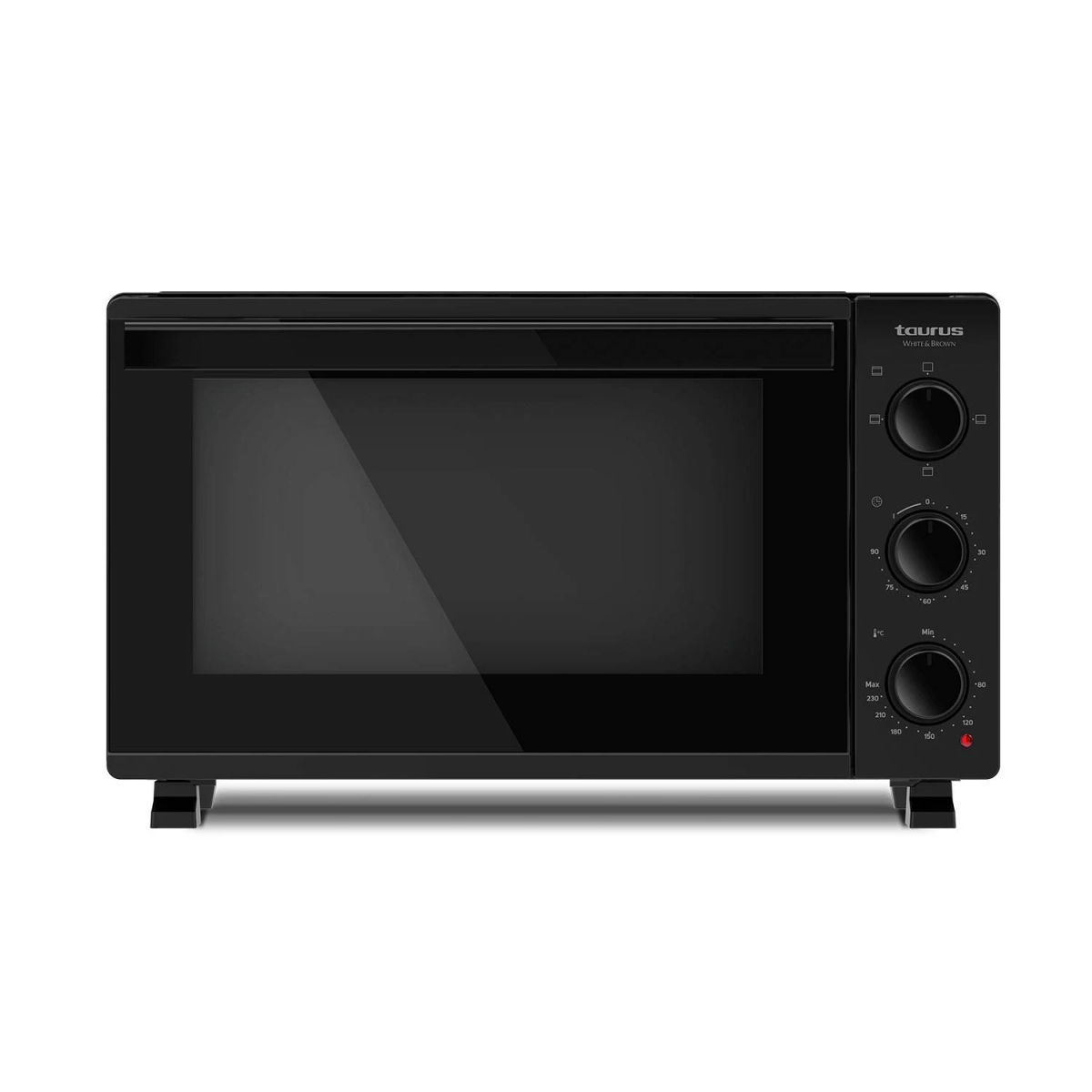 Horno negro. Un horno negro se ve de frente, con una puerta de cristal.