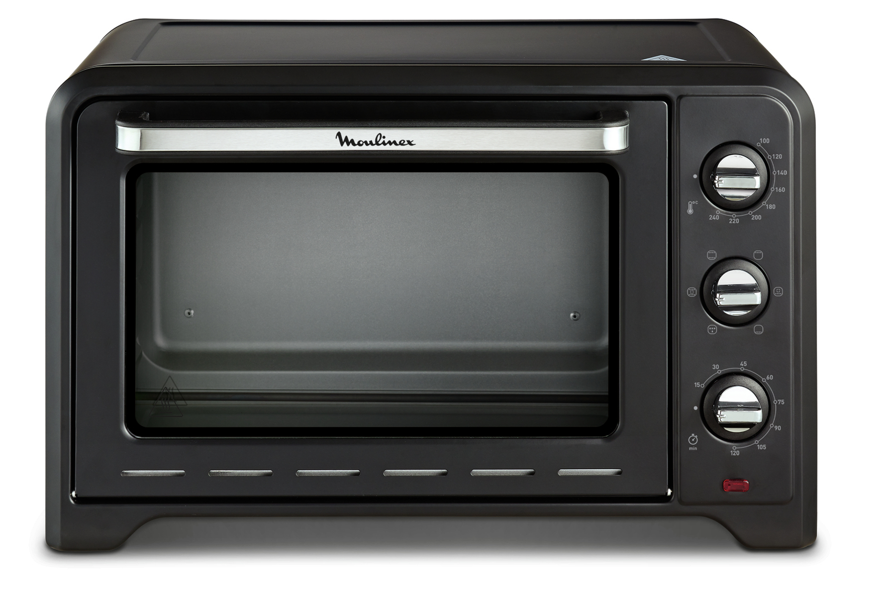 Czarny piekarnik Moulinex z pokrętłami. Piekarnik jest na białym tle.