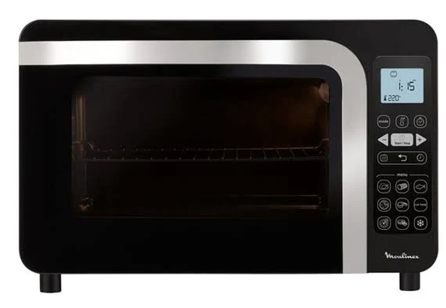 Forno nero con display digitale e pannello di controllo. Su sfondo bianco.