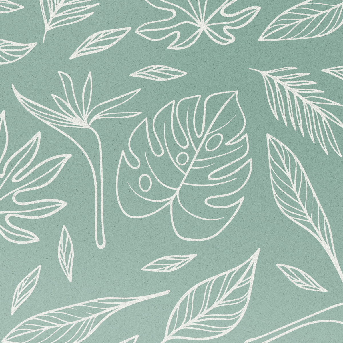 Fond vert clair sans couture avec des motifs de feuilles blanches, dont des feuilles de monstera et de palmier.