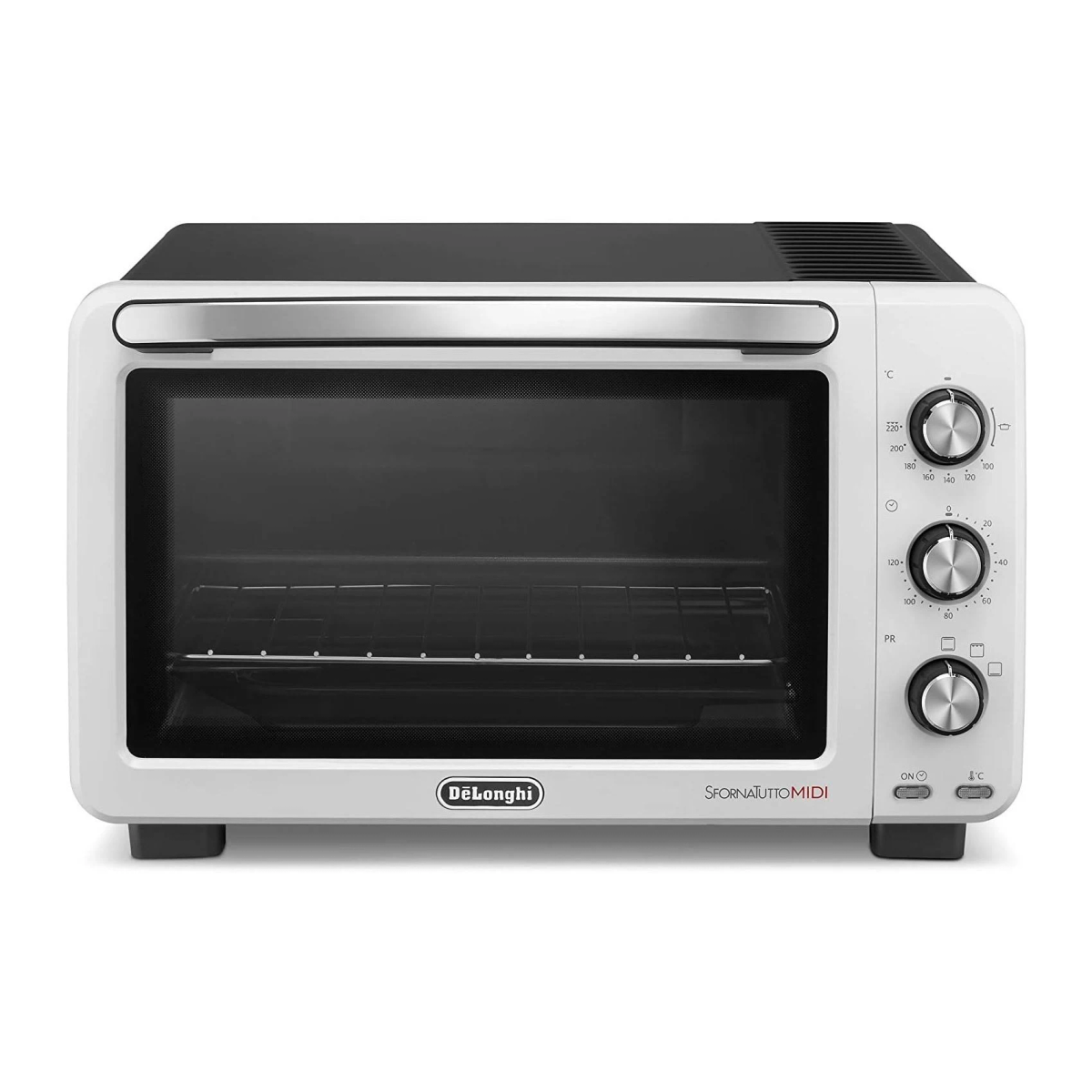 Biały piekarnik z czarnymi akcentami. Posiada szklane drzwi i pokrętła.