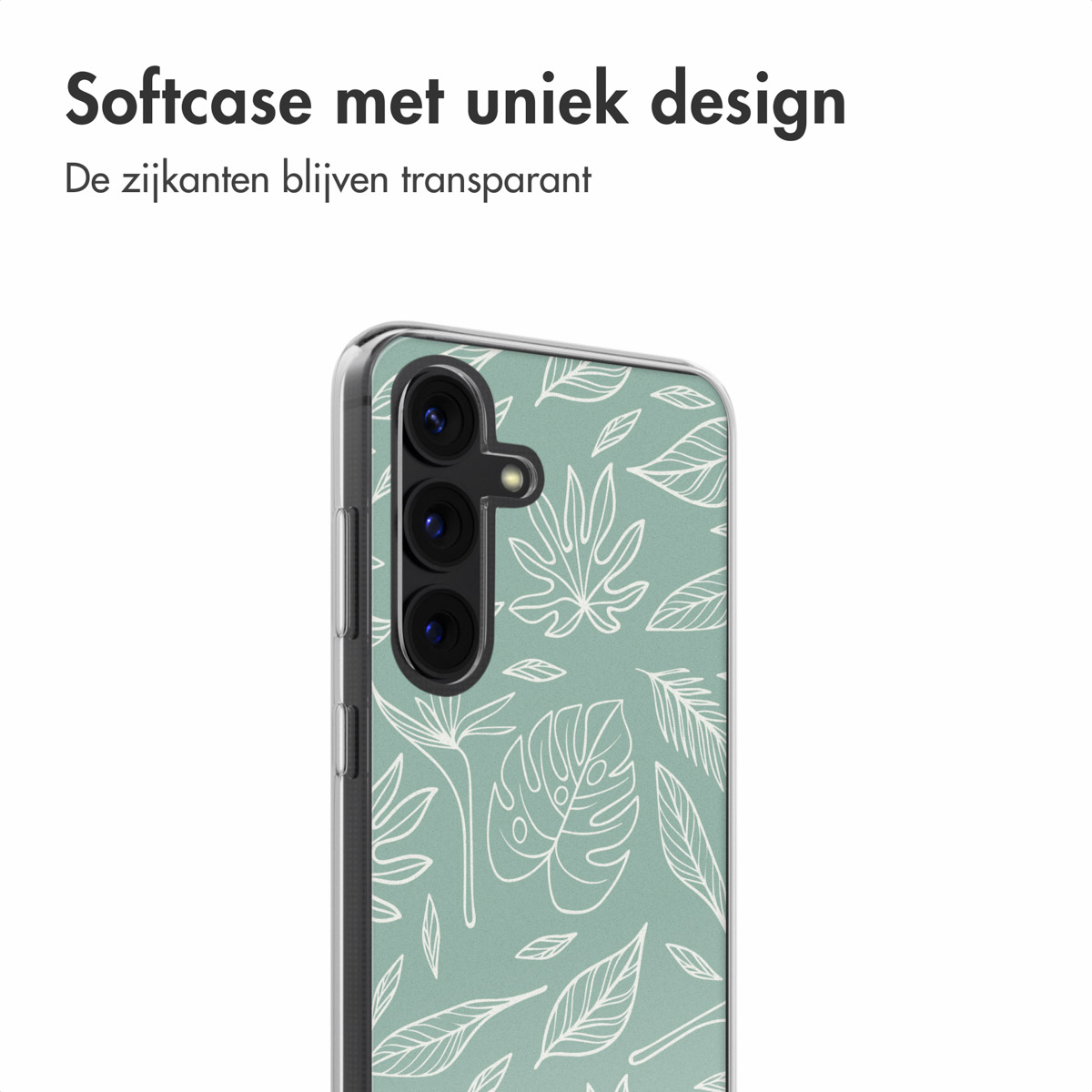Un étui de téléphone avec un motif floral sur fond vert d'eau est présenté.