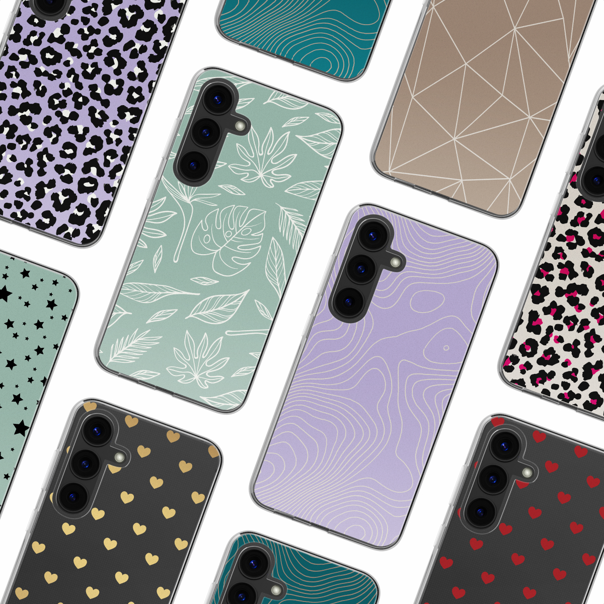 Une collection d'étuis de téléphone avec divers motifs colorés.