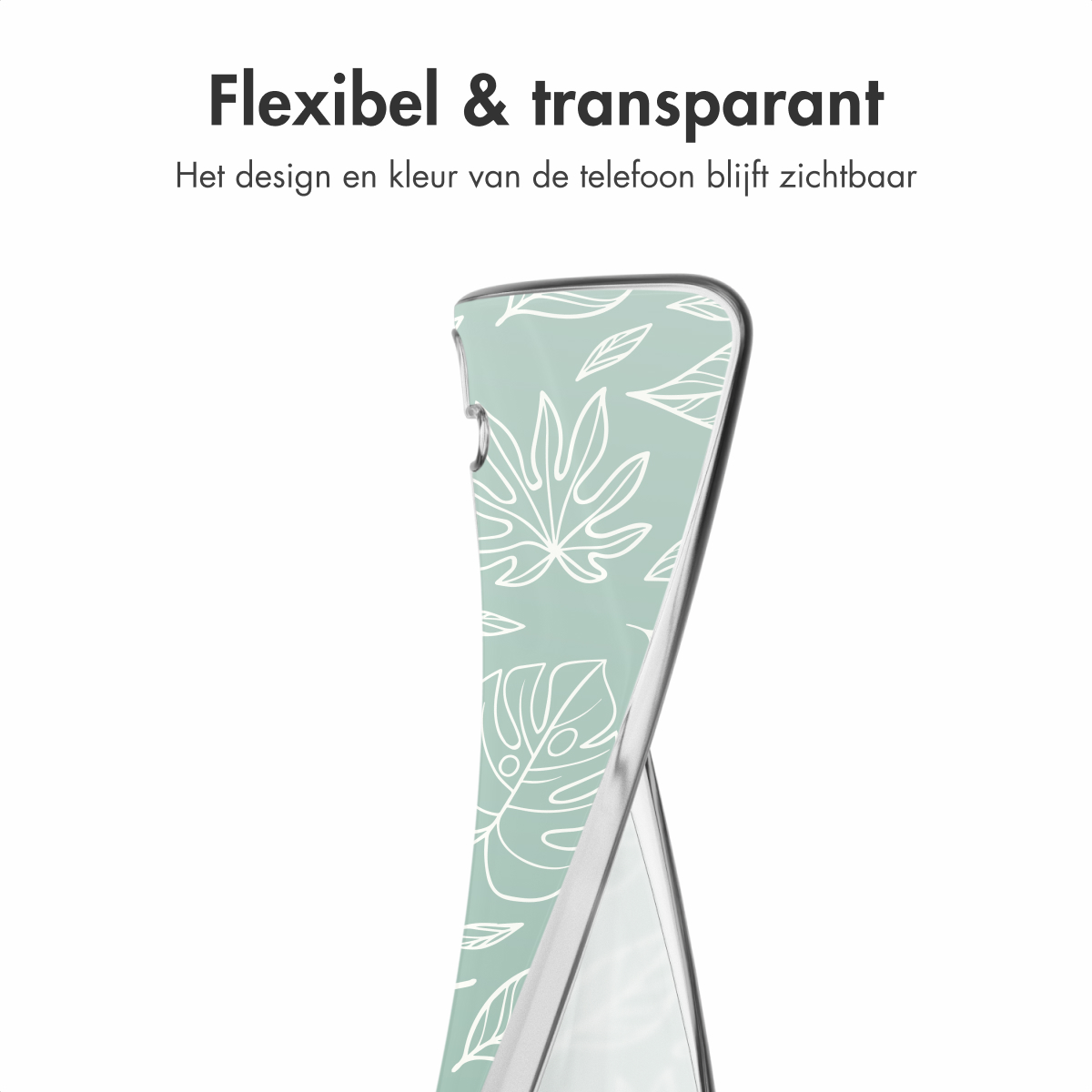 Un téléphone dans une coque transparente avec un motif de feuilles blanches.