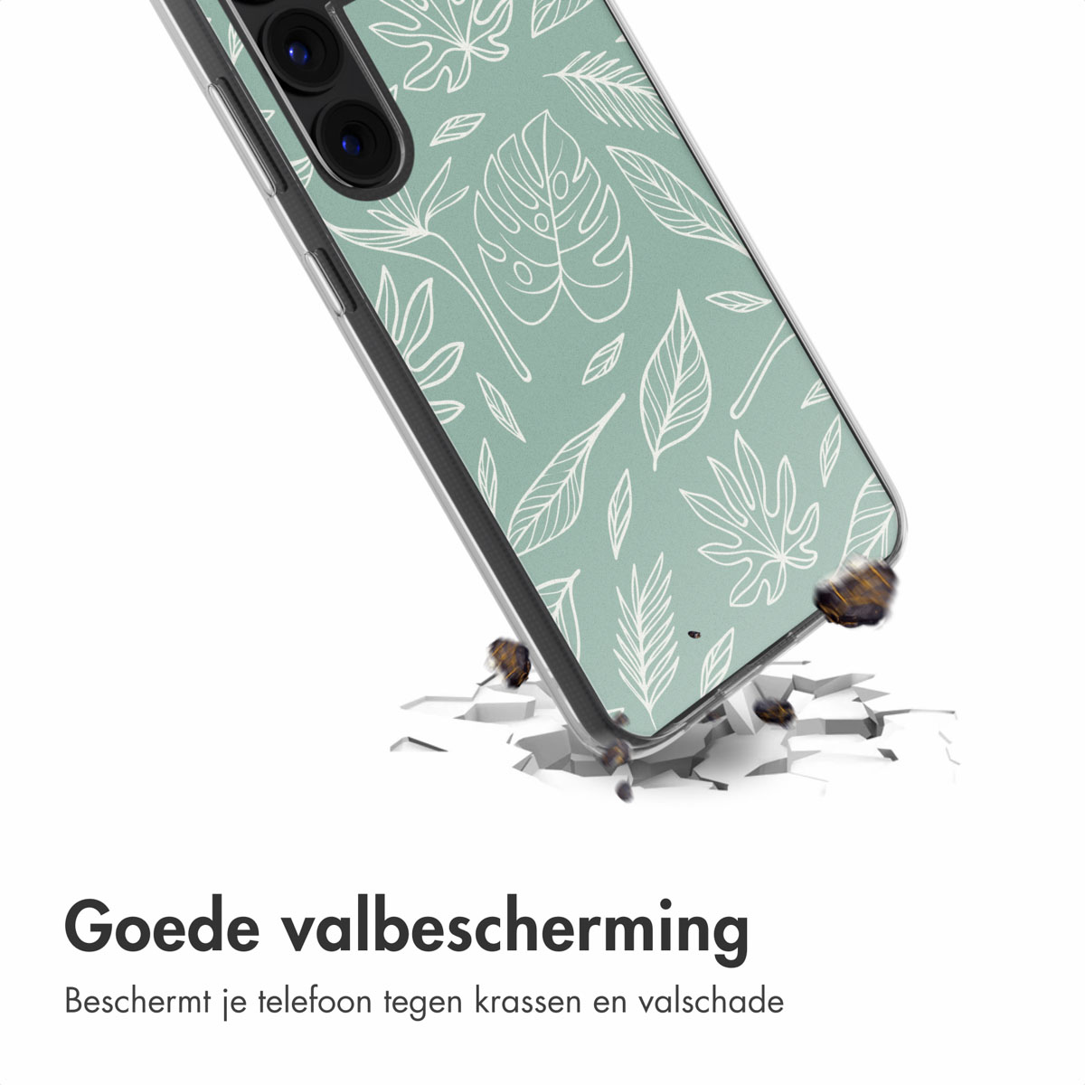 Coque de téléphone avec un motif de feuilles vertes. Le téléphone est dans la coque et tombe.