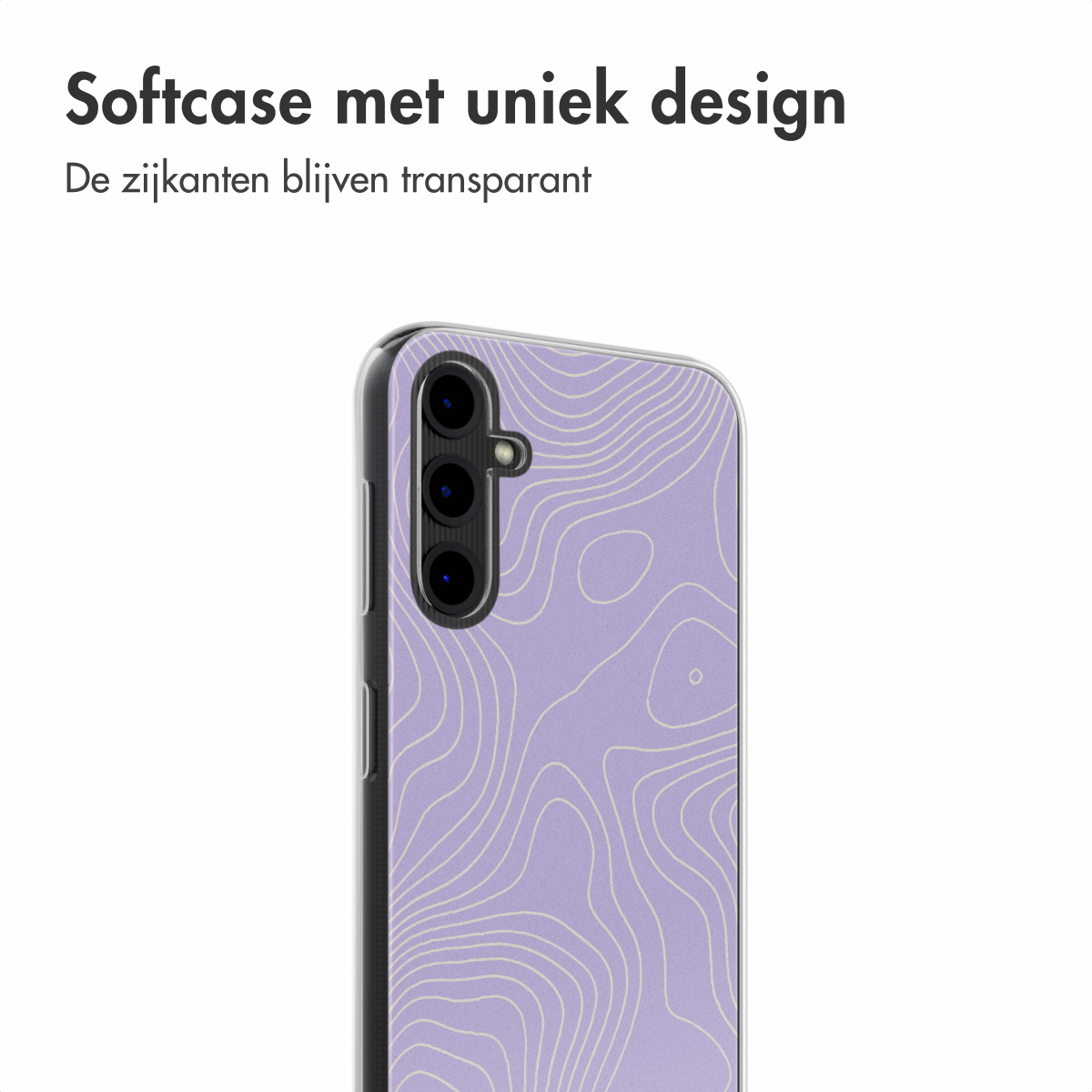 Una custodia per telefono con un design viola. La custodia ha un bordo trasparente e un motivo sul retro.