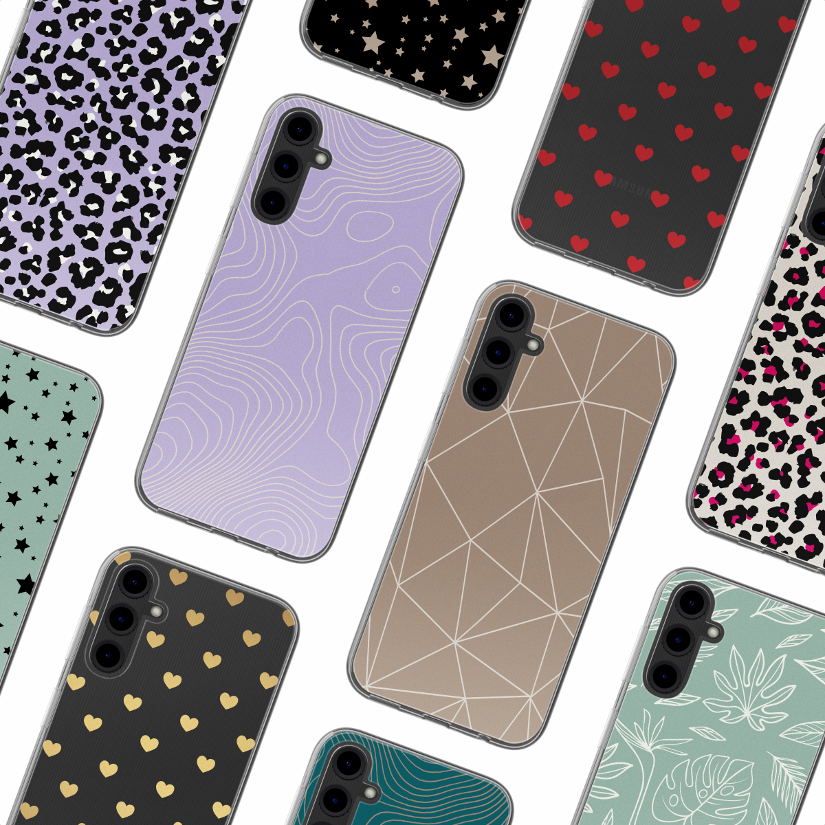 Molte custodie per telefoni. Vari design, tra cui leopardo, cuori, stelle e motivi geometrici.