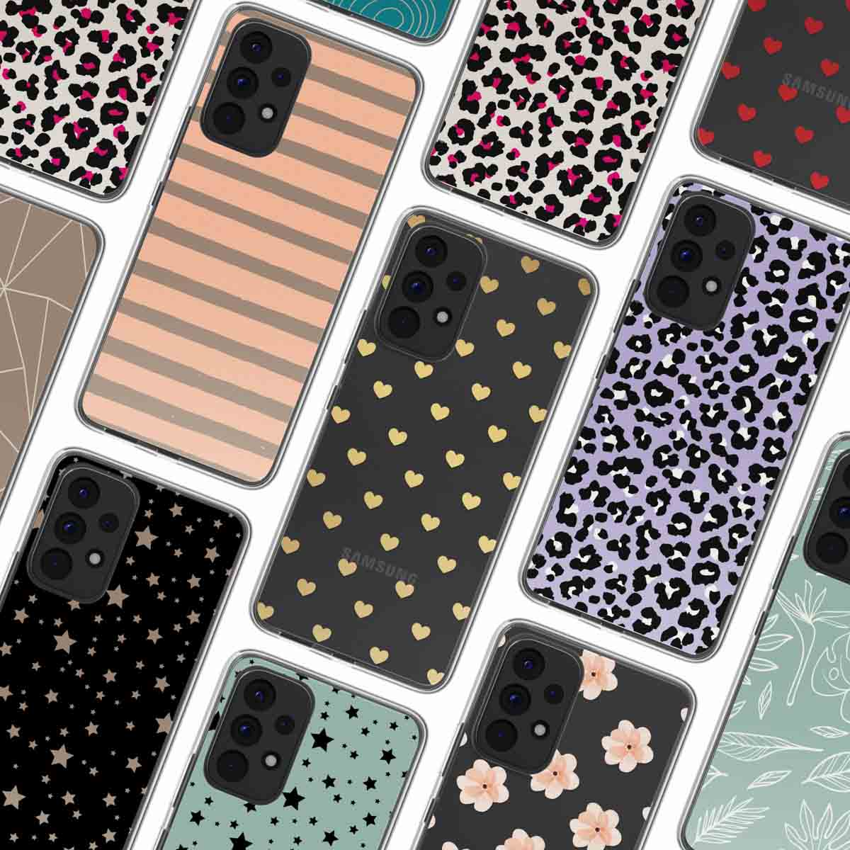 Molte custodie per telefoni. Vari design, tra cui cuori, stelle e stampa leopardata.