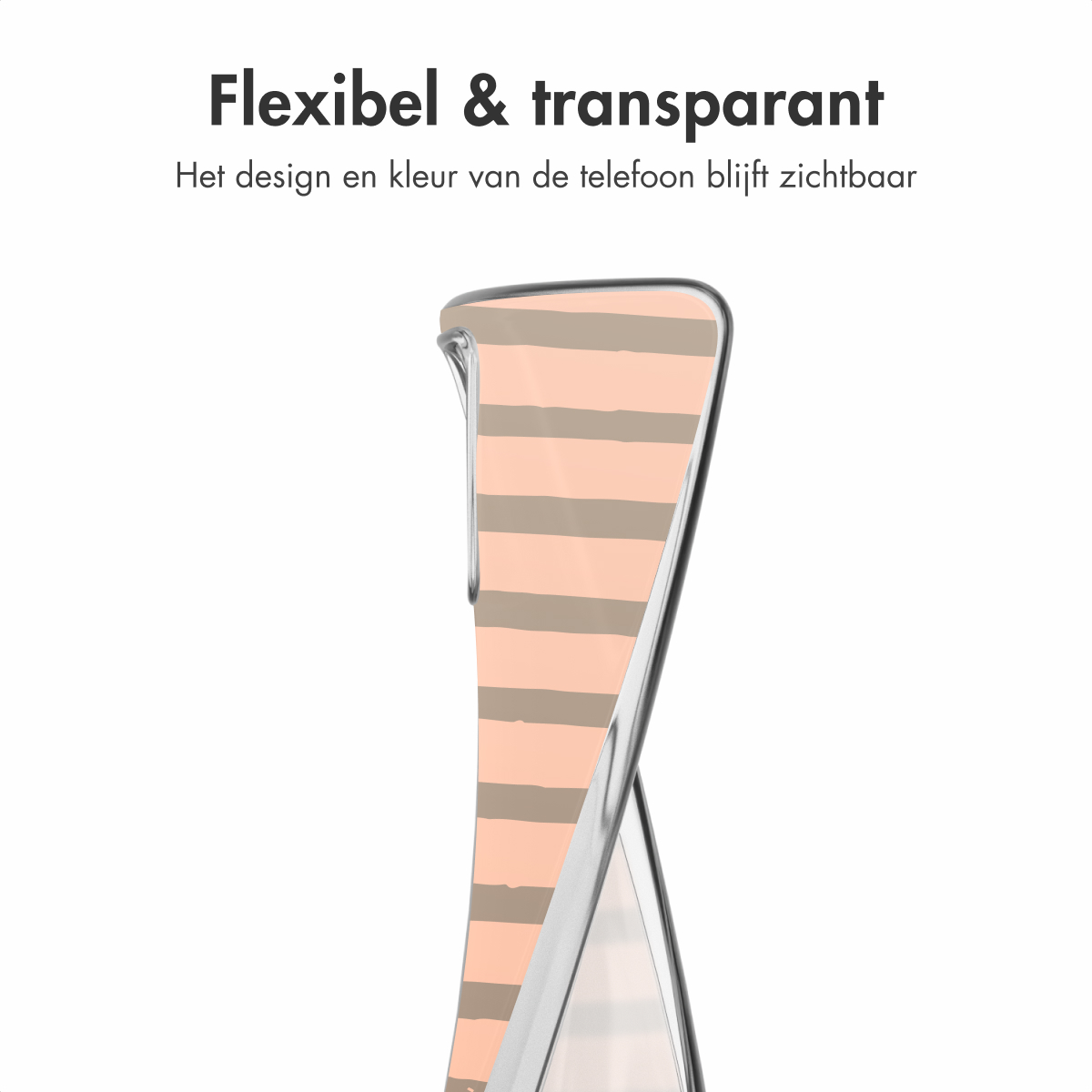 Custodia trasparente per telefono con motivo a righe rosa e beige.