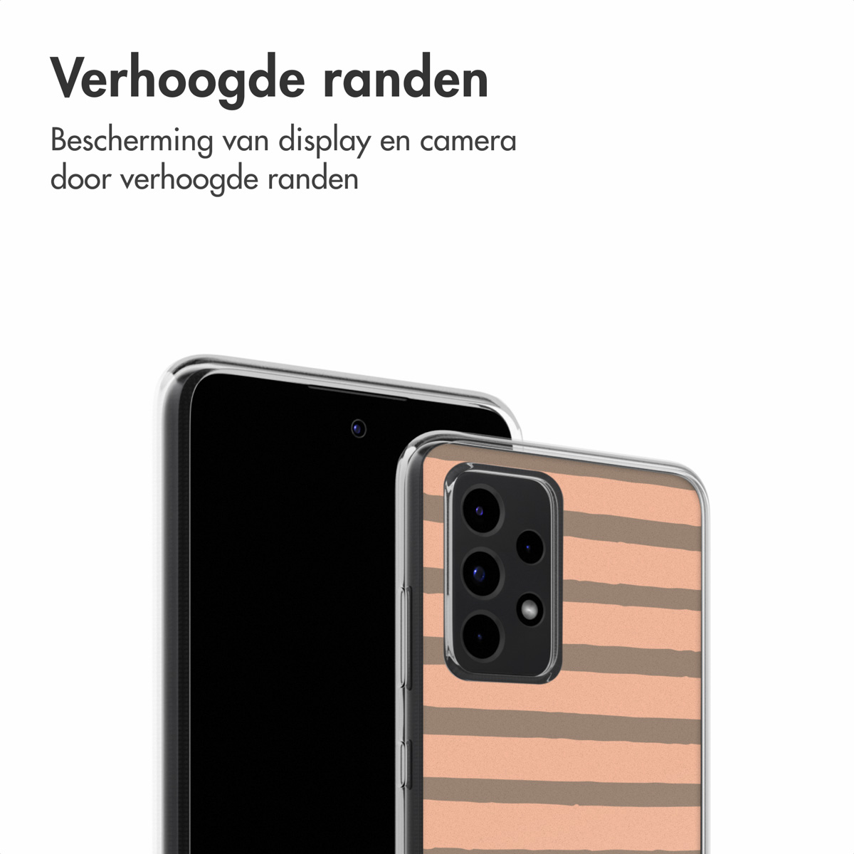 Un telefono e una custodia. La custodia ha un motivo a strisce color pesca. Il testo dice: Verhoogde randen.
