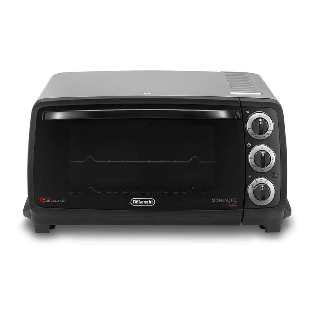 Czarny piekarnik De'Longhi Sfornatutto Classic. Trzy pokrętła po prawej stronie. Czarny i srebrny.