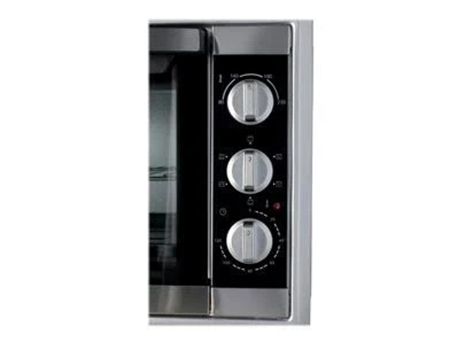 Primer plano de un horno negro y plateado con controles de temperatura en el lado derecho.