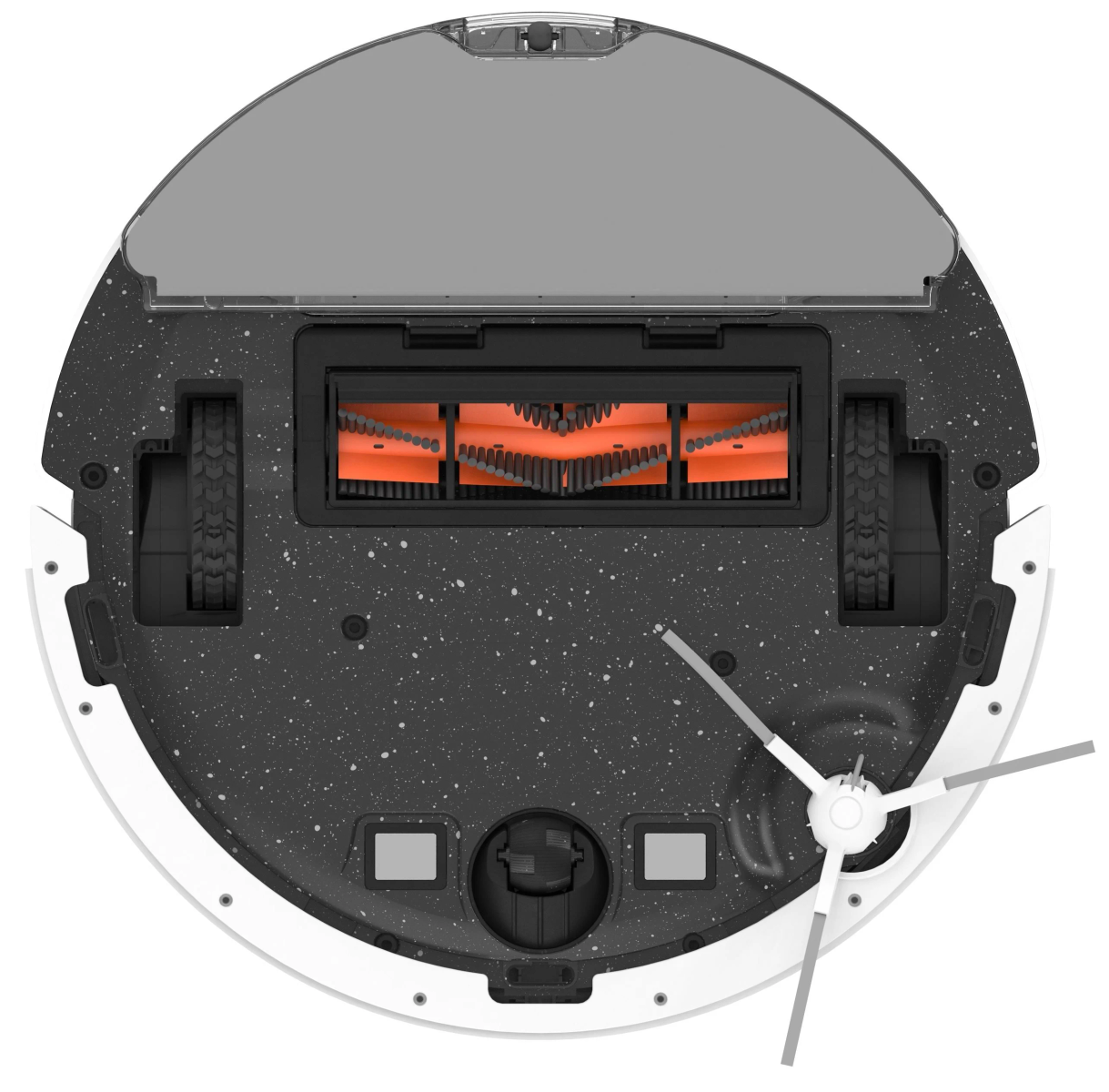 Robot odkurzający, widok od spodu. Czarno-biały. Pomarańczowa szczotka i koła.
