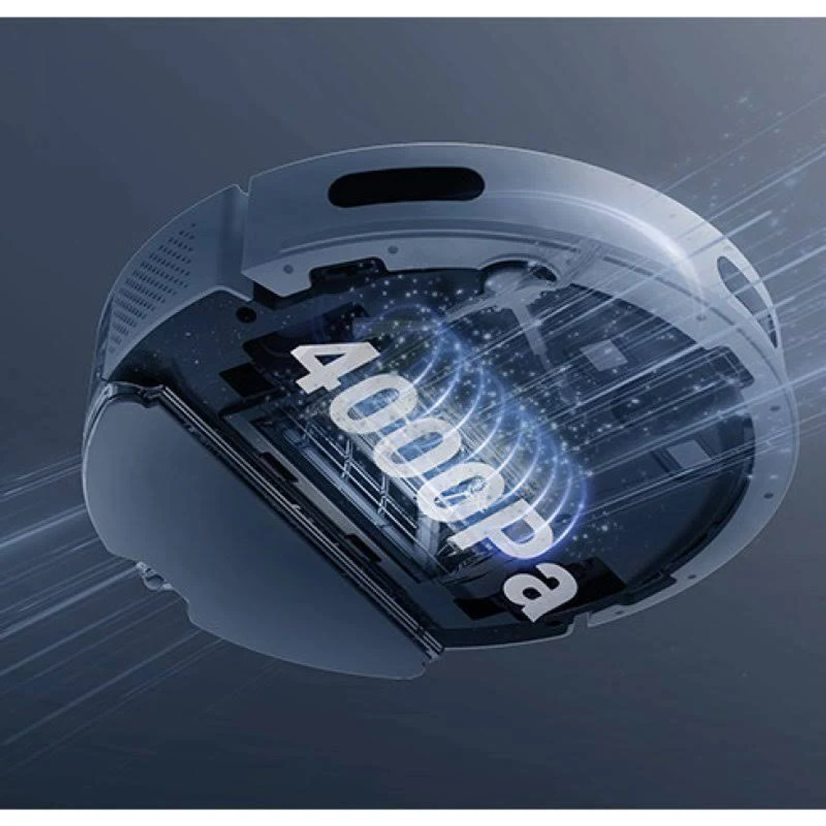 Ciemnoniebieski, okrągły odkurzacz automatyczny z napisem '4000pa'.