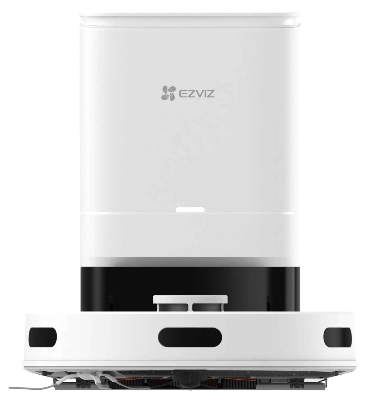 Biało-czarny odkurzacz robot z stacją ładującą. Widoczne logo EZVIZ.