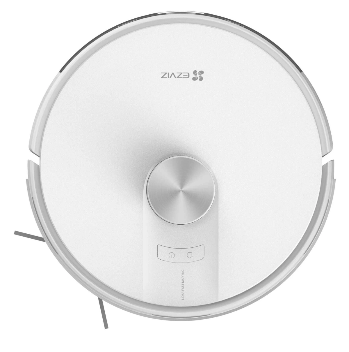 Biały odkurzacz automatyczny. Okrągły kształt, srebrny środkowy przycisk, czarne szczotki boczne i logo EZVIZ.