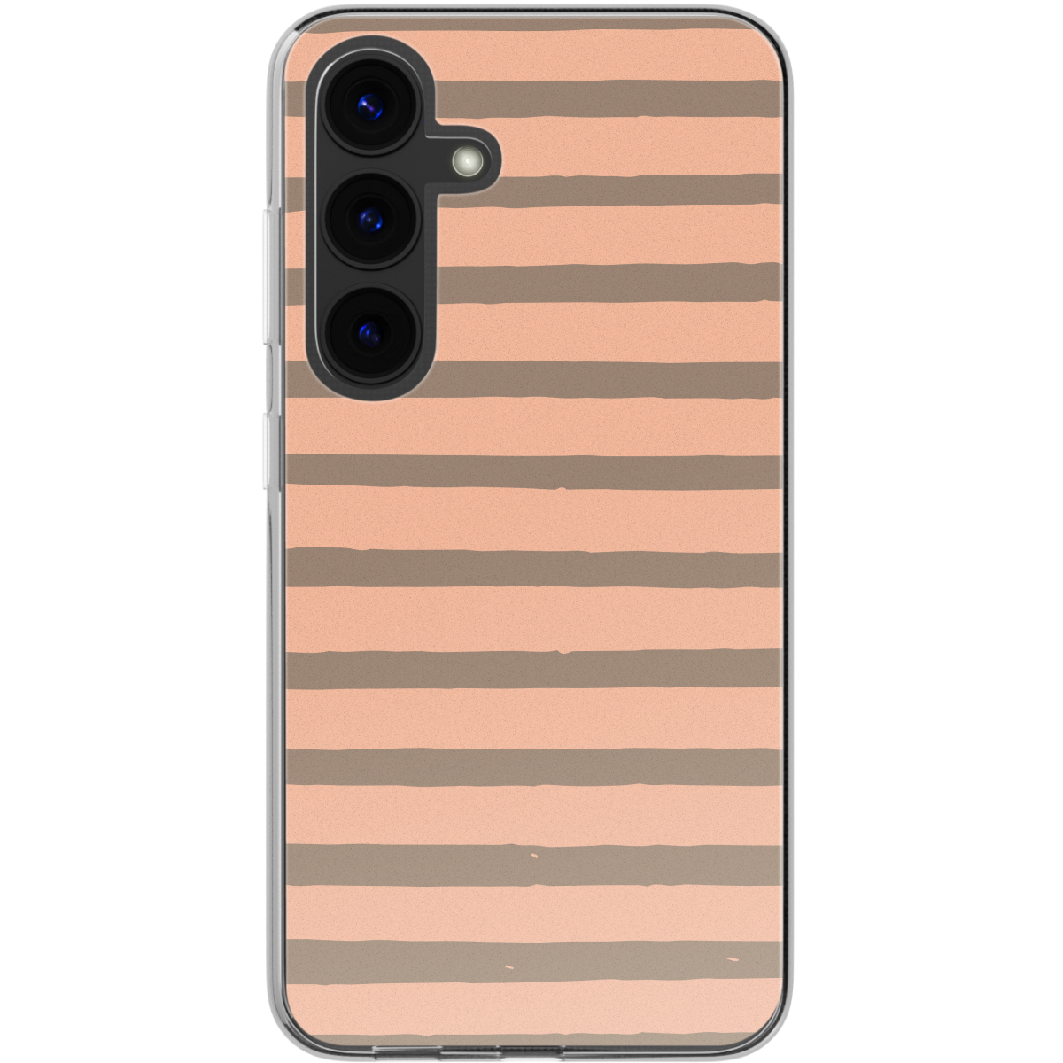 Samsung telefoonhoesje met strepen. De hoes is roze en grijs gestreept, met zichtbare lenzen.