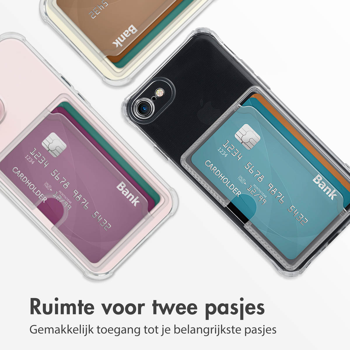 Afbeelding van drie telefoonhoesjes met kaarten. De hoesjes zijn transparant en houden kaarten.