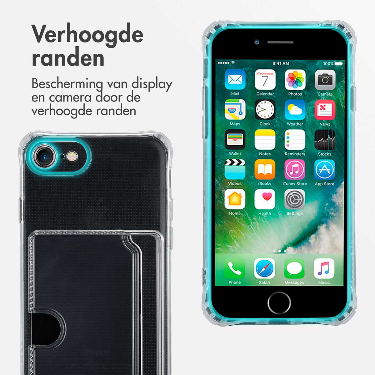 Telefoonhoes met een telefoon erin. De hoes is transparant met een blauw frame.