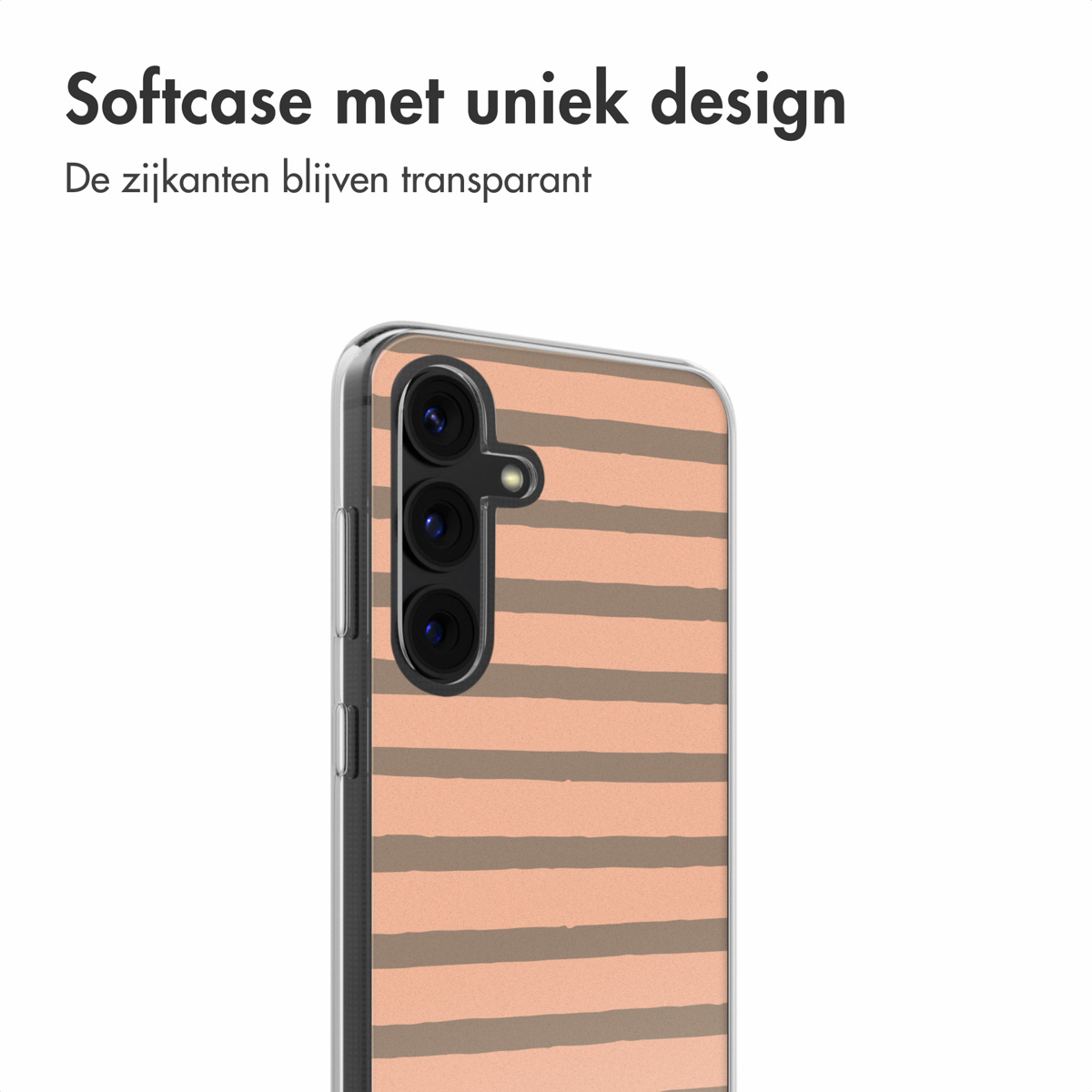 Een close-up van een telefoonhoesje met horizontale bruine strepen op een perzikachtergrond.