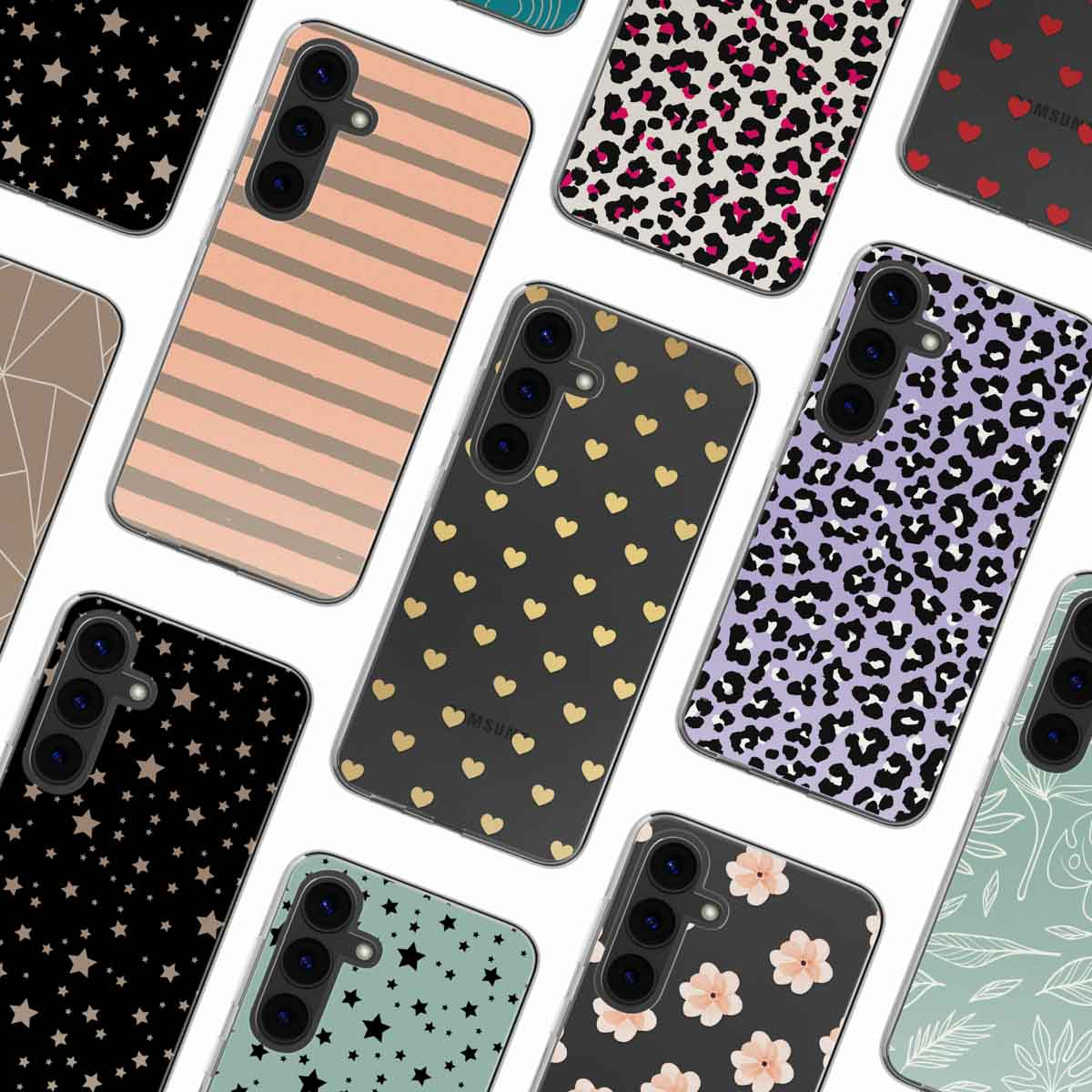 Meerdere telefoonhoesjes met verschillende patronen worden weergegeven op een wit oppervlak.