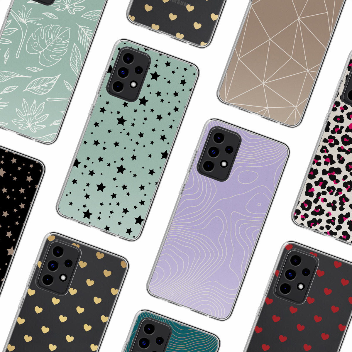 Varie custodie per telefono con motivi: stelle, foglie, cuori e stampa leopardata.