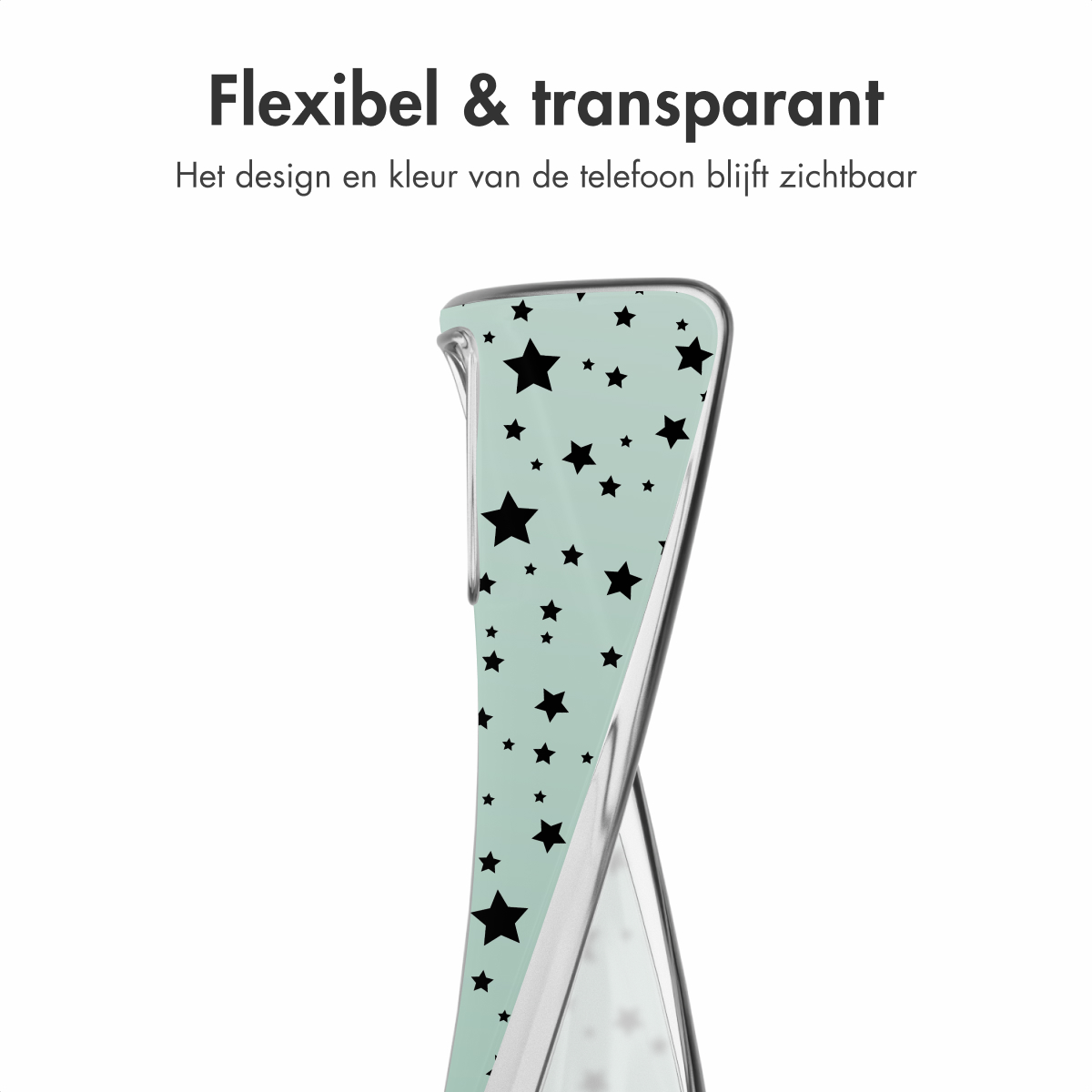 Custodia trasparente per telefono con motivo a stelle. Il design consente di vedere il colore del telefono.