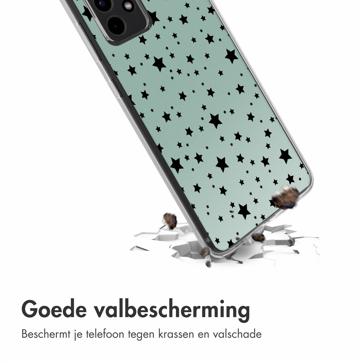 Custodia per telefono con stelle nere su sfondo verde menta, vicino a una superficie incrinata. Testo: 'Buona protezione dalle cadute'.