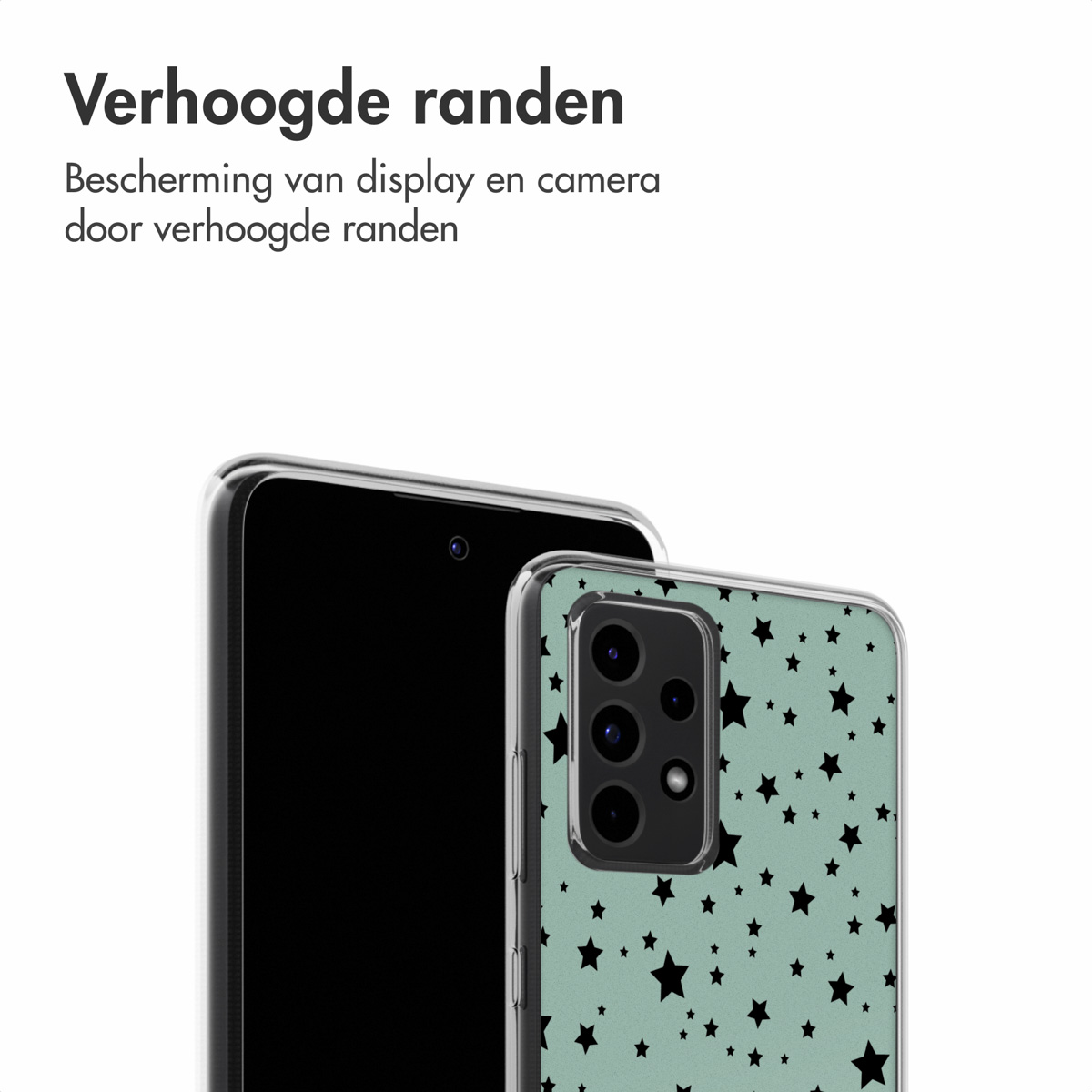 Custodia per telefono con sfondo verde acqua e motivo a stelle nere. Un telefono nero è visibile accanto.