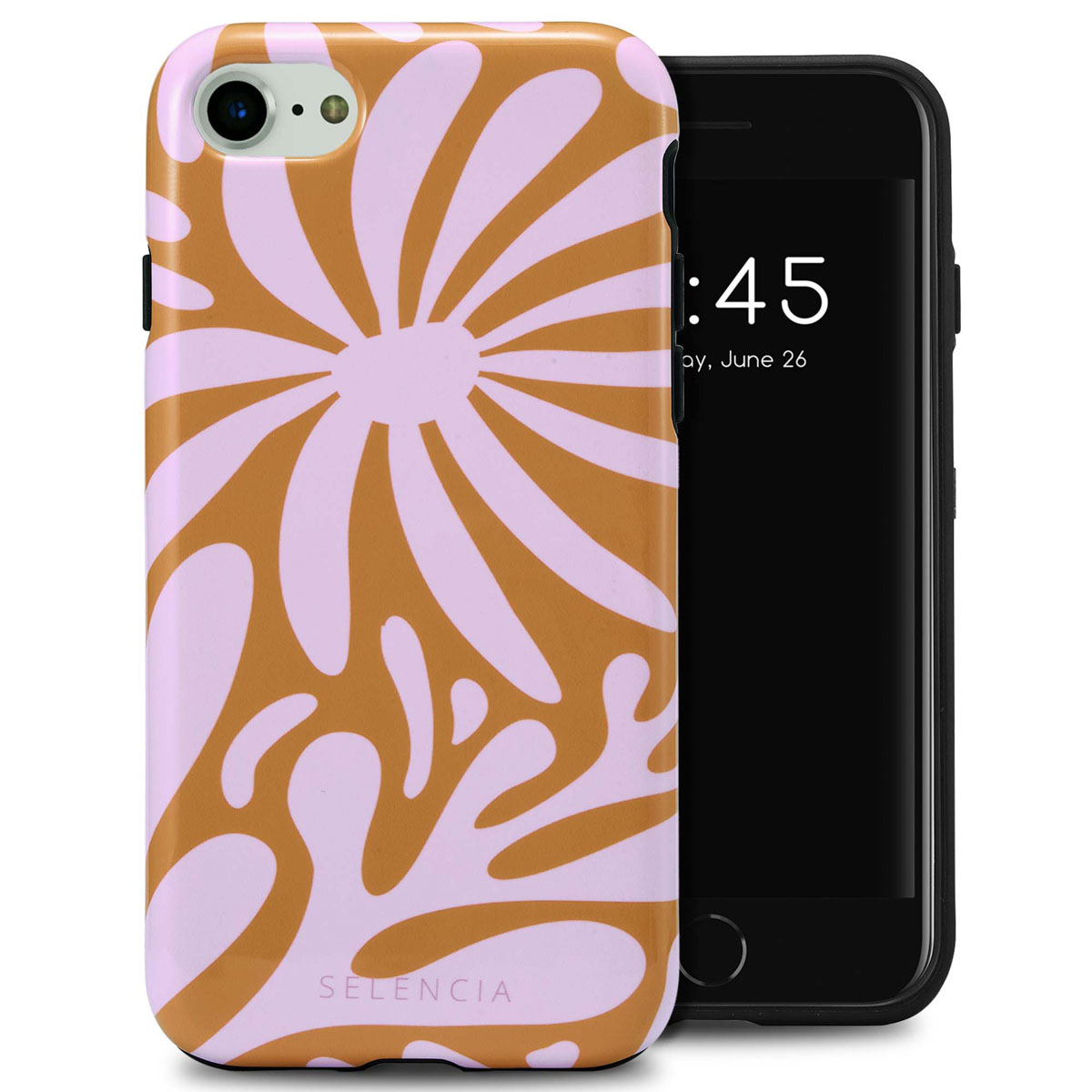 iPhone 7 met bruin-roze bloemenhoes. Het scherm is zwart met tijdweergave.