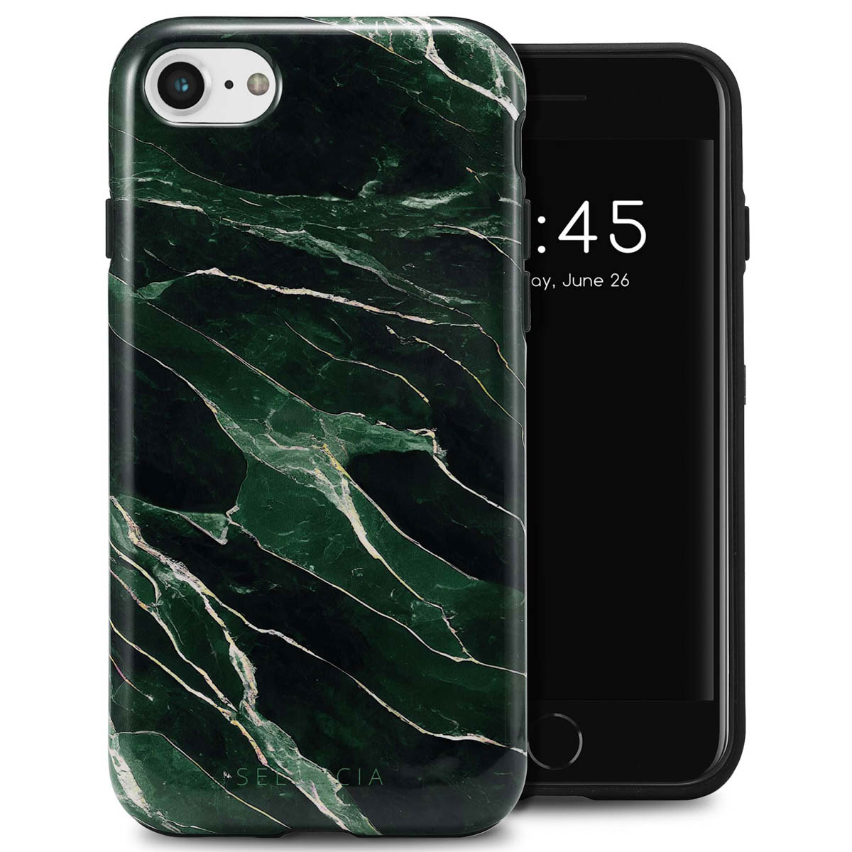 Groen-witte marmeren telefoonhoes met telefoon erin. De telefoon toont de tijd.