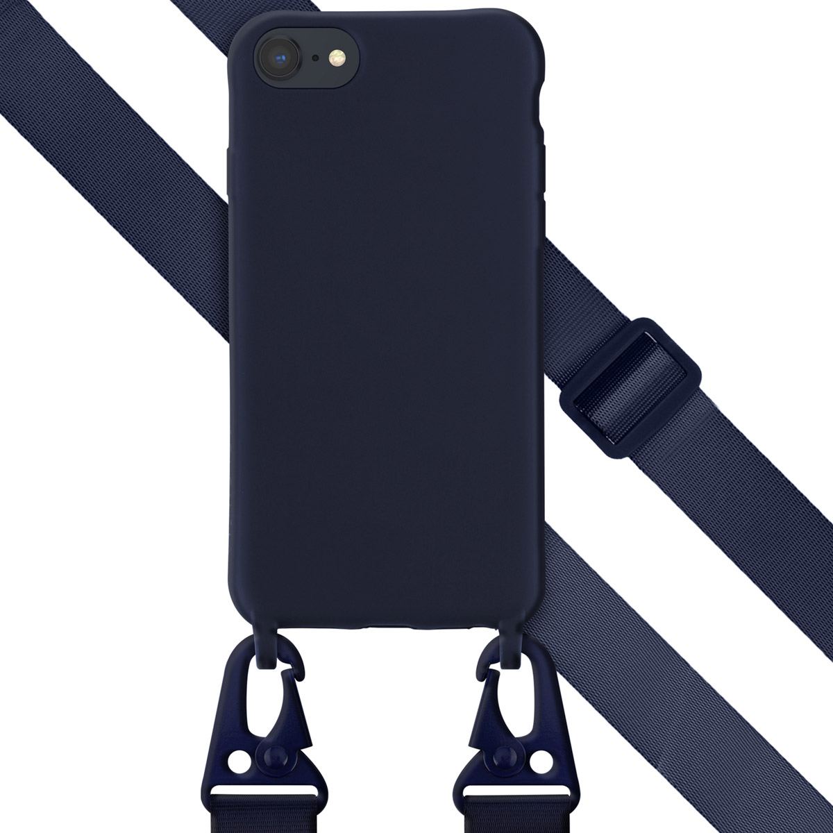 Coque de téléphone bleu marine avec une sangle bleu marine. Le téléphone est suspendu avec des crochets.