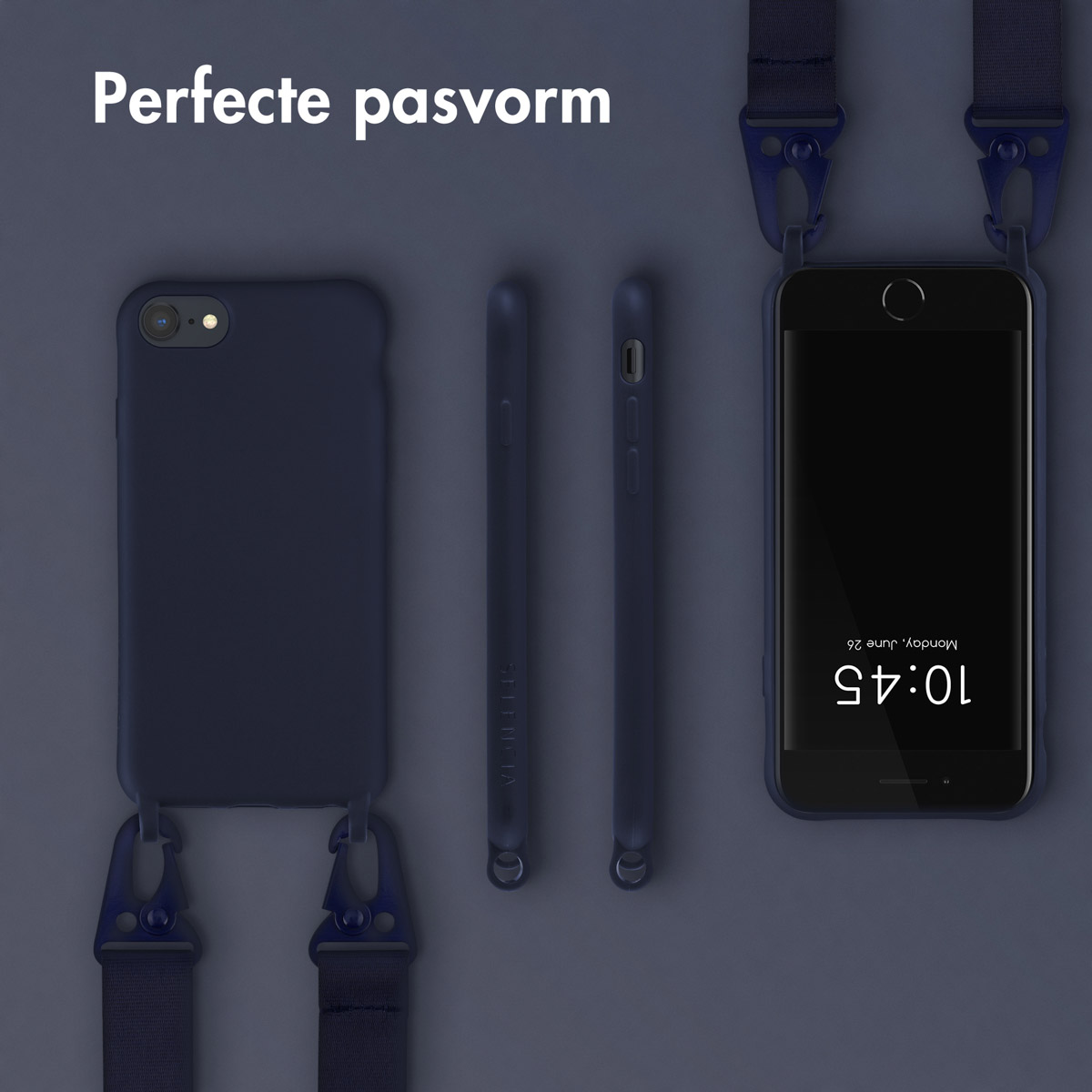 Coques de téléphone bleu marine. Une affiche l'heure, les autres des vues latérales et arrière. Sangles fixées.