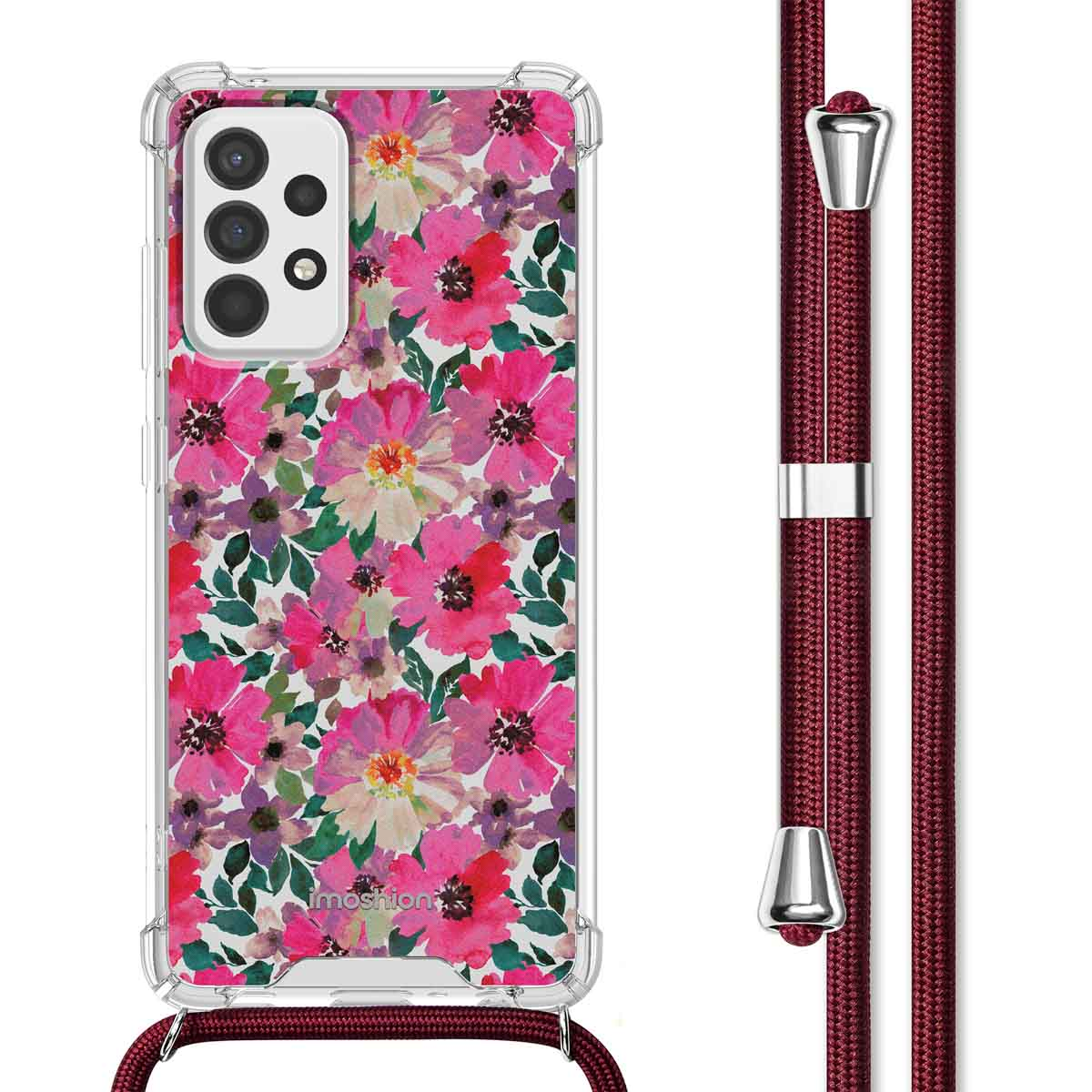 Coque de téléphone à motifs floraux avec une lanière marron. La coque a un imprimé floral rose et blanc.