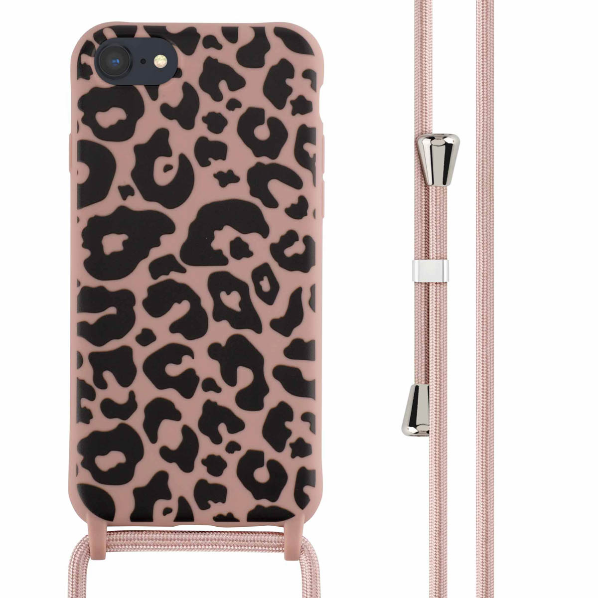 Een roze telefoonhoesje met een luipaardprint en een bijpassend koord.