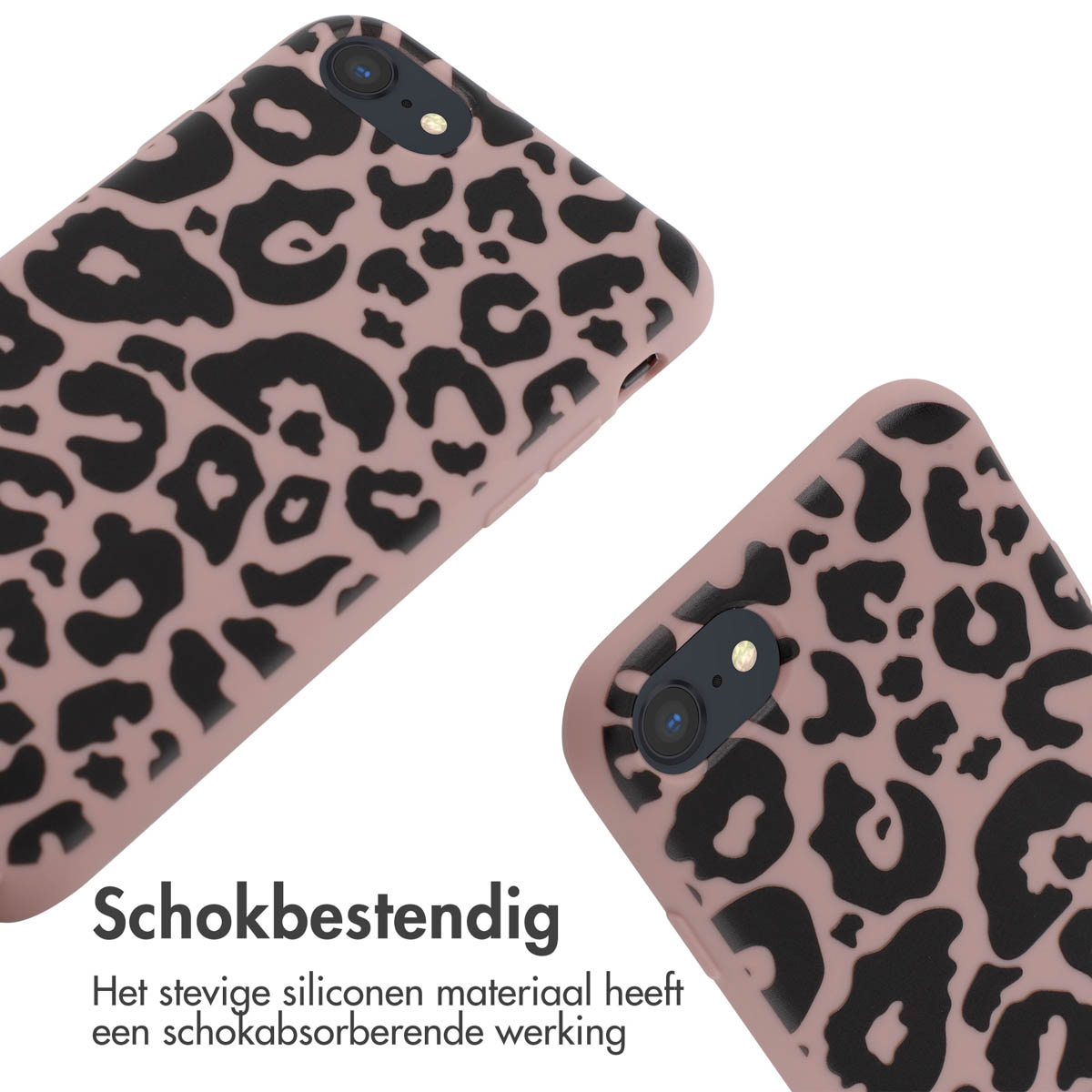 Twee telefoonhoesjes met een luipaardprint. De hoesjes zijn roze met zwarte vlekken.