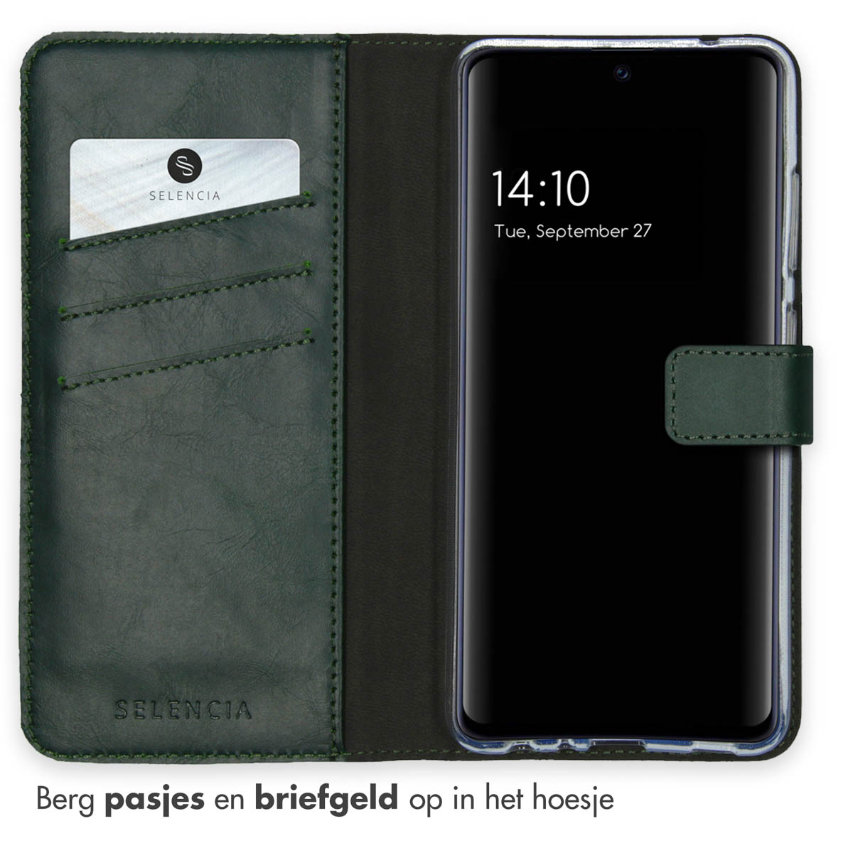 Grüne Leder-Handyhülle, geöffnet. Ein Telefon innen mit Bildschirm. Es gibt einen Kartensteckplatz. Hintergrund ist weiß.